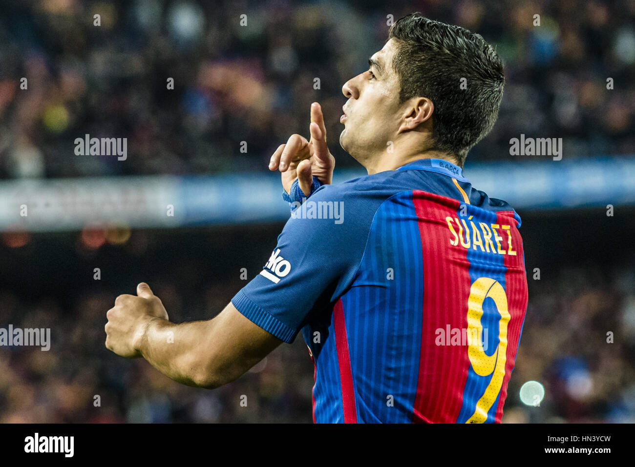 Barcelona, Katalonien, Spanien. 7. Februar 2017. FC Barcelona nach vorne LUIS SUAREZ feiert sein Tor während der spanische Copa del Rey Halbfinale Rückspiel Fußballspiel FC Barcelona gegen Atletico Madrid gegen RCD Espanyol Barcelona im Camp Nou-Stadion. Bildnachweis: Matthias Oesterle/ZUMA Draht/Alamy Live-Nachrichten Stockfoto