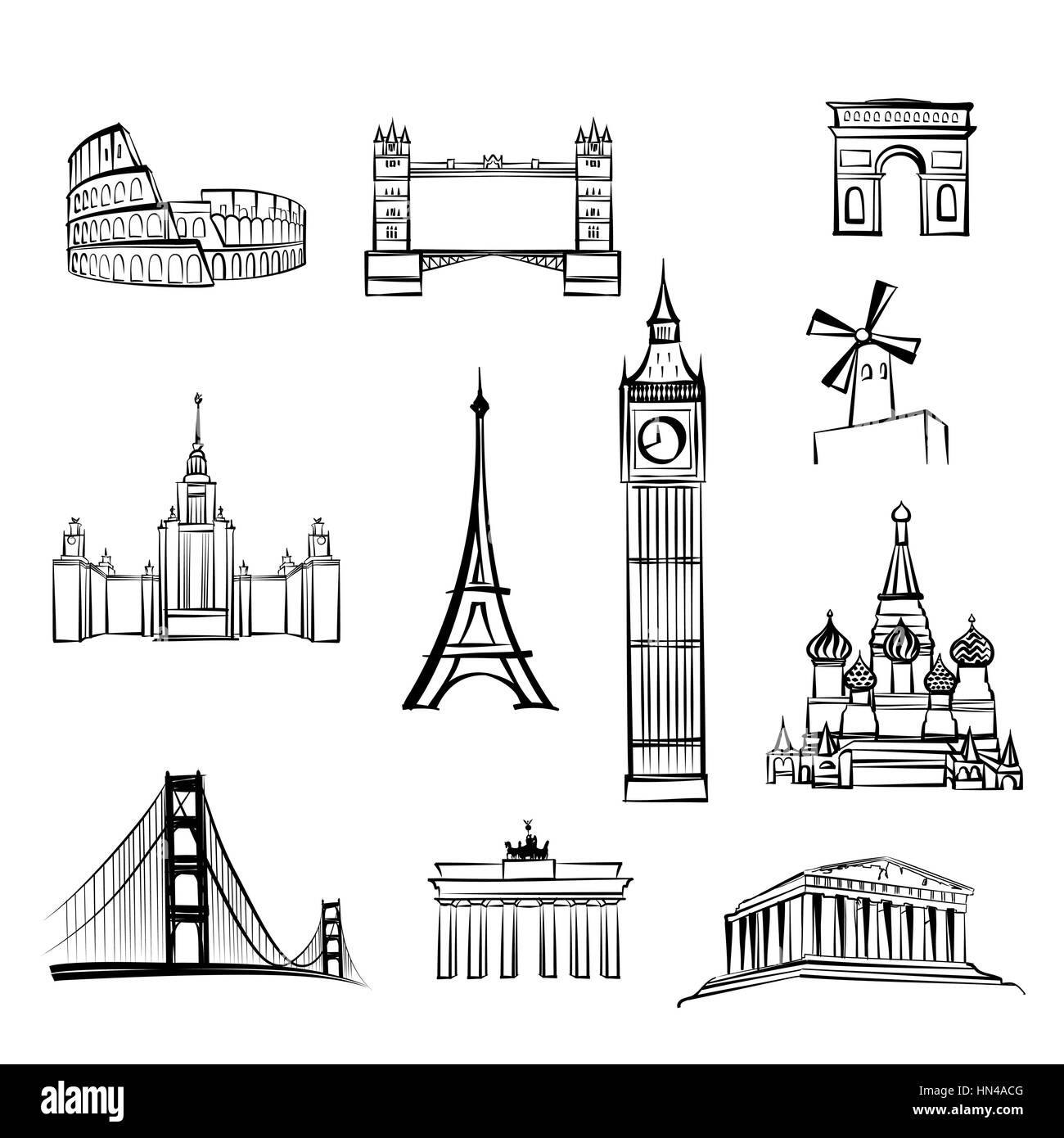 Welt Sehenswürdigkeiten Symbole weltberühmten Wahrzeichen der Stadt travel Icon Set doodle graviert Sehenswürdigkeiten in London, Rom, Berlin, Athen, Moskau, sa Stock Vektor