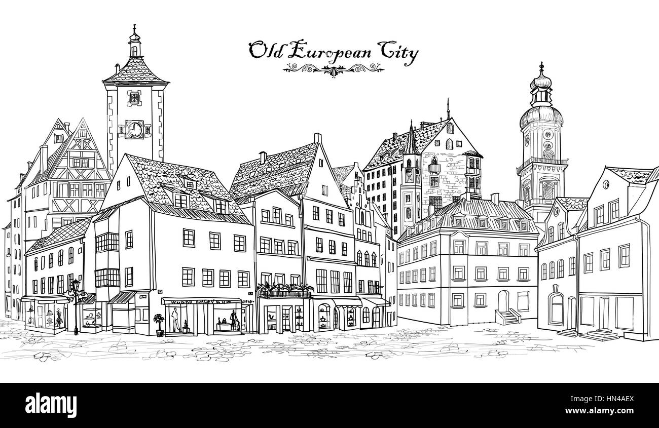 Straße mit alten Gebäuden und Cafe in der Altstadt. das Stadtbild - Häuser, Gebäude und Baum auf der Gasse. Die Altstadt. mittelalterlichen europäischen schloss Landschaft. Stock Vektor