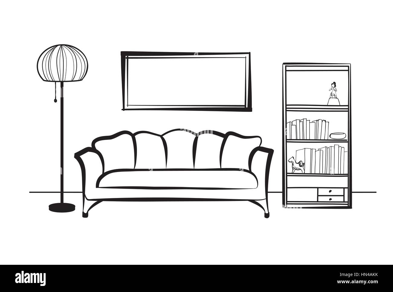 Inneneinrichtung mit Sofa, Stehlampe, Bücherregal, Bücher und Bild an der Wand. Wohnzimmer hnd Zeichnung Design. Stock Vektor