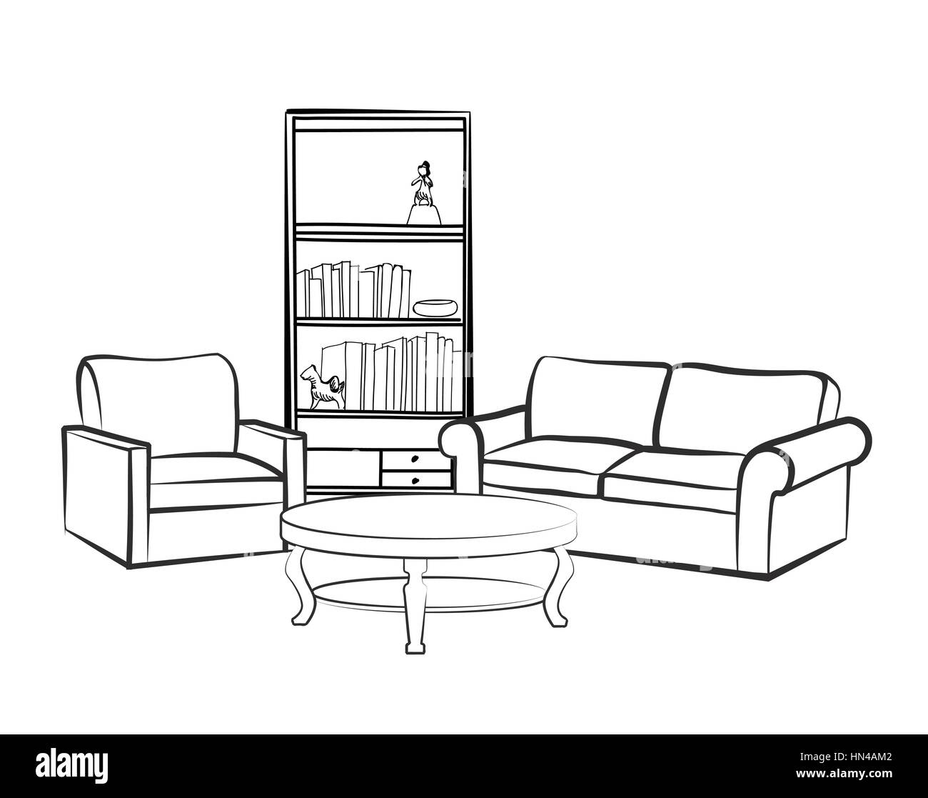 Home Inneneinrichtung mit Sofa, Sessel, Tisch, Regal und booksl. Wohnzimmer Zeichnung Design. graviert Handzeichnung Vector Illustration Stock Vektor