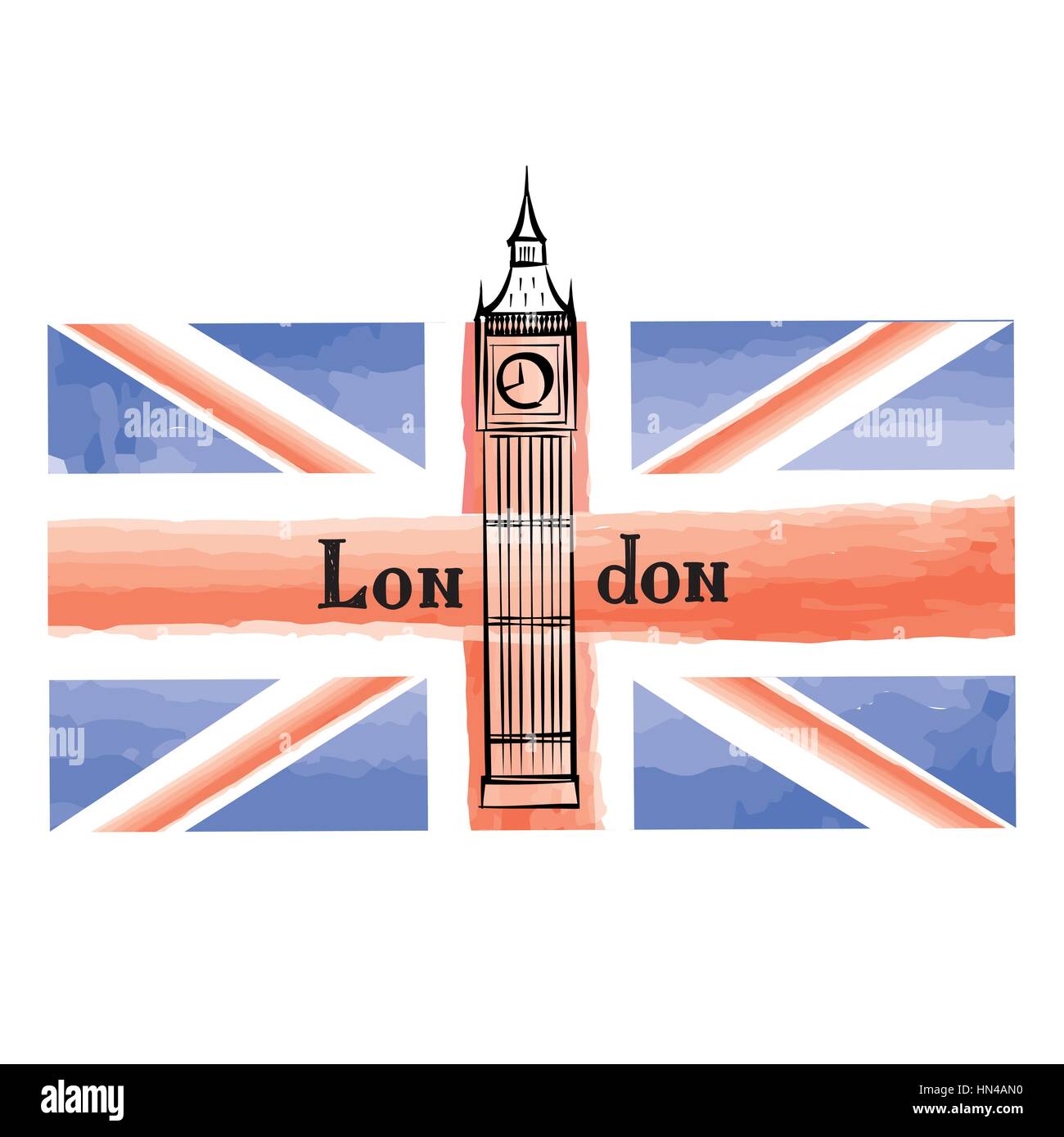 Grunge Britische Flagge mit berühmten Londoner westminster abbey Tower. Reisen Großbritannien Hintergrund mit gemalten Britische Flagge. englisch Wahrzeichen Big Ben Stock Vektor