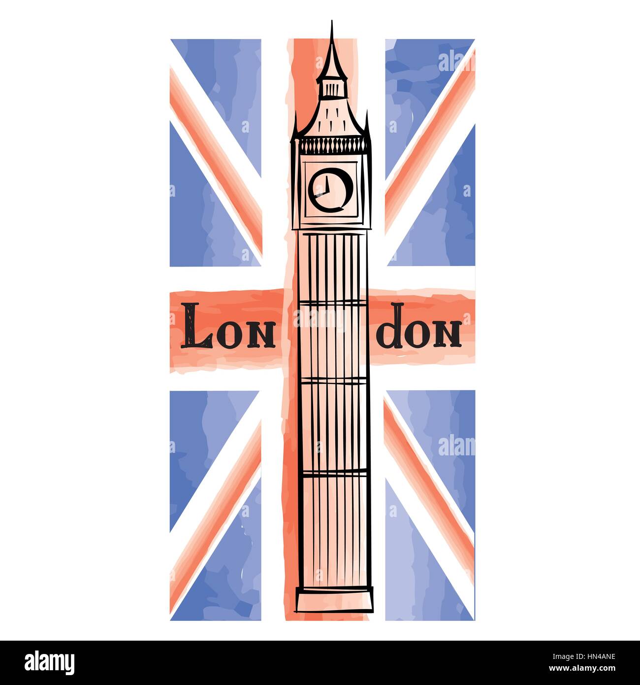 Grunge Britische Flagge mit berühmten Londoner westminster abbey Tower. Reisen Großbritannien Hintergrund mit gemalten Britische Flagge. englisch Wahrzeichen Big Ben Stock Vektor