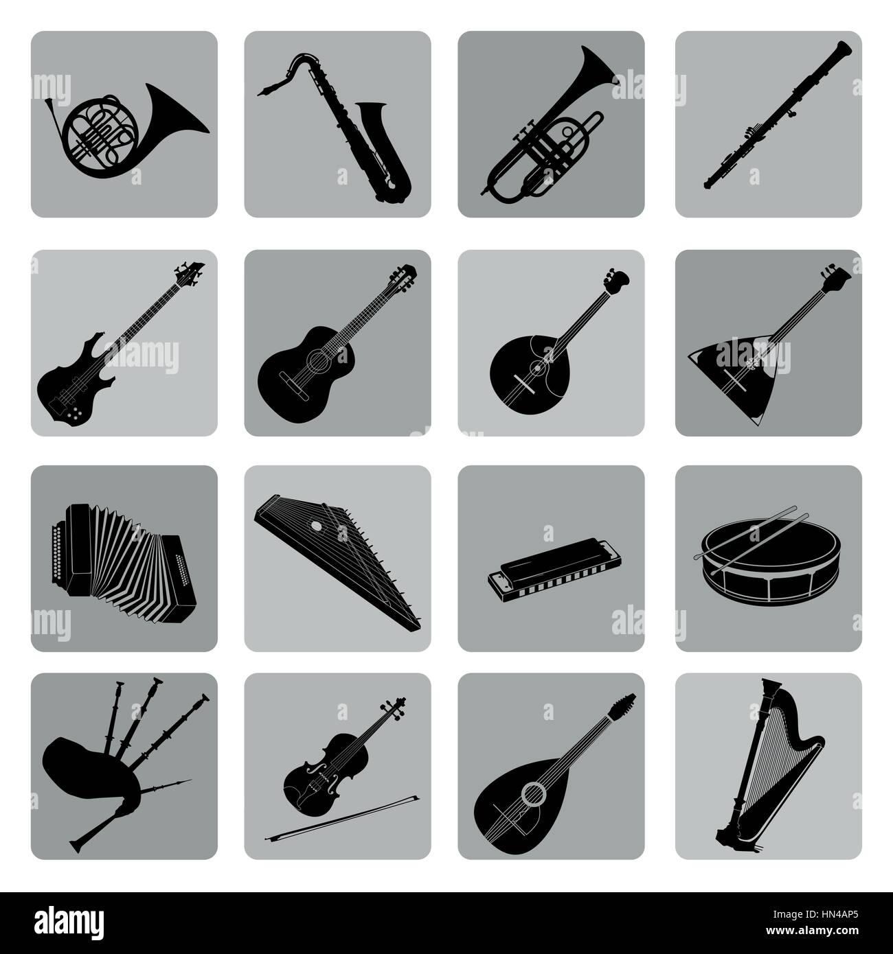 Musikinstrumente Icon Set. Folk, Klassik, Jazz, Ethno, Rock Musik Symbole Stock Vektor
