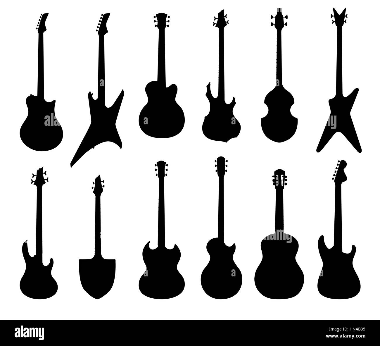 Musikinstrumente. Elektrische, akustische Gitarre, Bass, ruthm silhouette Kollektion. Rock Musik Symbole gesetzt Stock Vektor