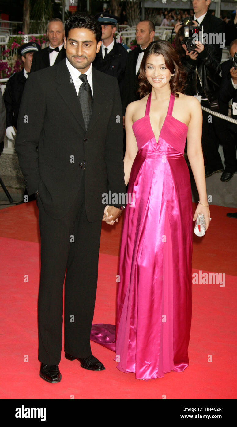 Abhishek Bachchan und Aishwarya Rai kommt bei der Premiere für den Film "Vicky Cristina Barcelona" im Palais des Festivals bei den 61. Internationalen Filmfestspielen am 17. Mai 2008 in Cannes, Frankreich. Foto von Francis Specker Stockfoto