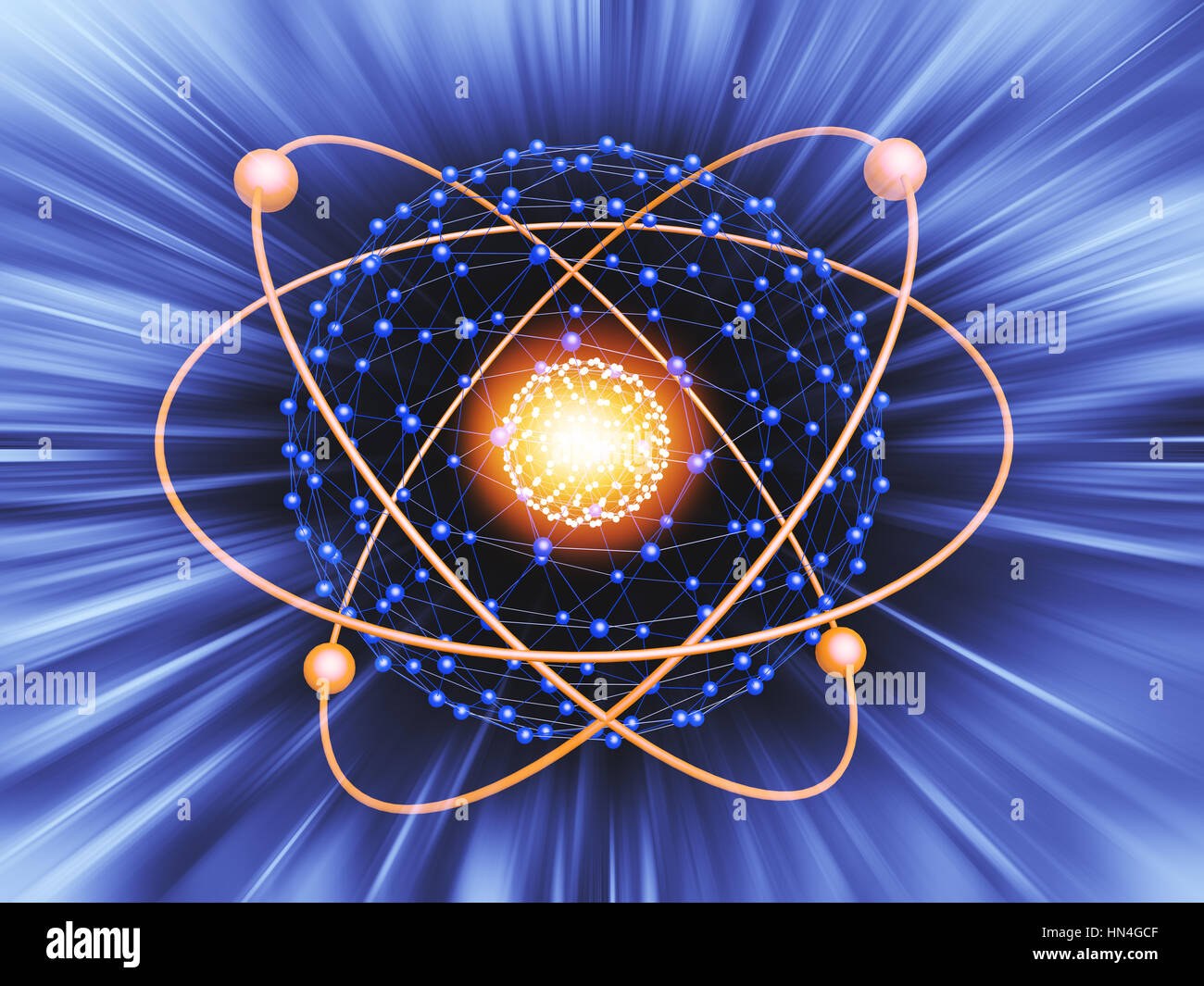 Kern des Atoms nuklearen explodieren Ray Strahlung Licht Wissenschaft abstrakte Unschärfe Hintergrund. Stockfoto