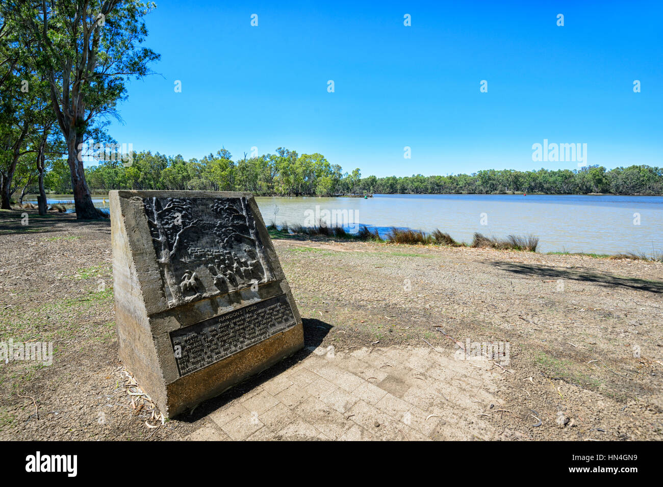 Hawdon des Ford Denkmal für das 1838 Vieh Kreuzung an der Kreuzung der Flüsse Darling und Murray, Wentworth, New South Wales, Australien Stockfoto