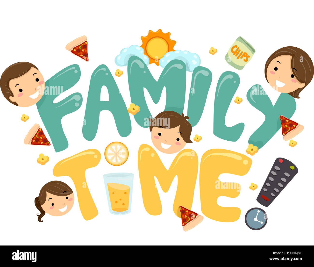 Abbildung eines Familie TV Zeit Schriftzug Stockfoto