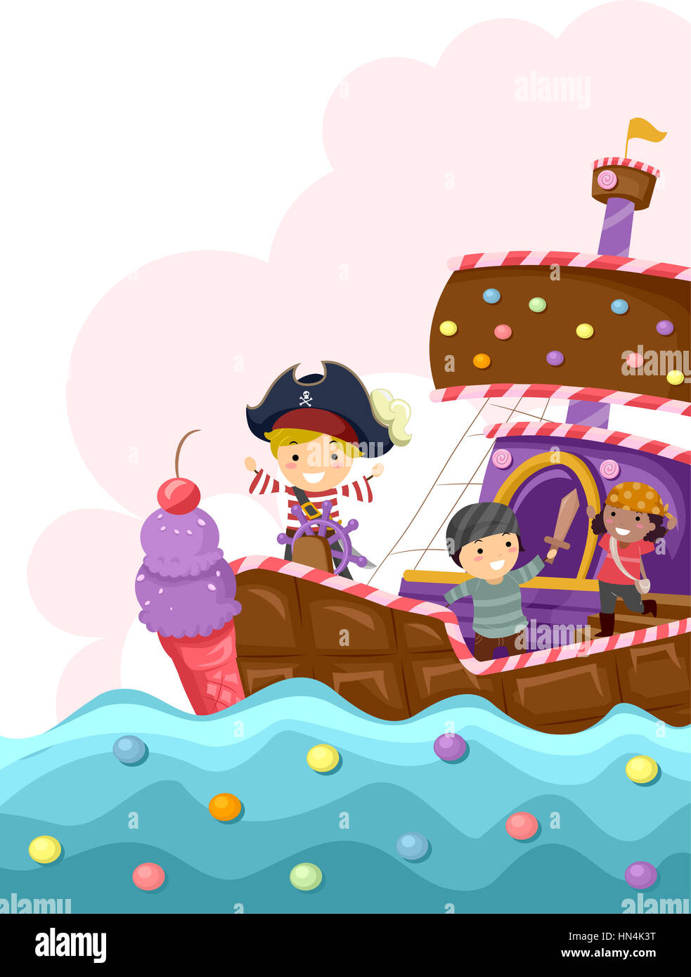Stickman Illustration von Kindern in ein Bonbon bedeckt Piratenschiff Stockfoto