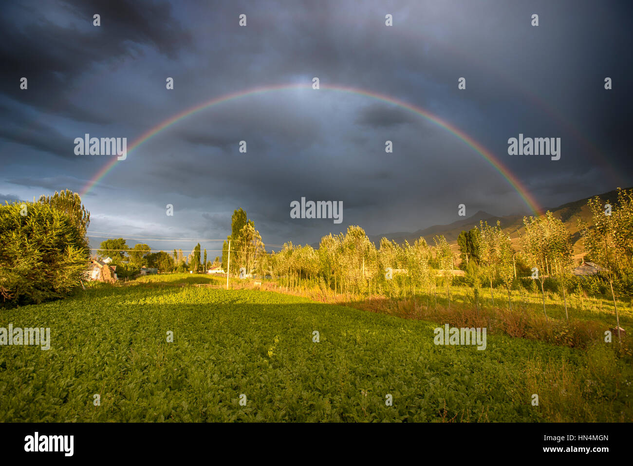 Regenbogen über Ackerland oder Chon Kemin, Kirgisistan Stockfoto