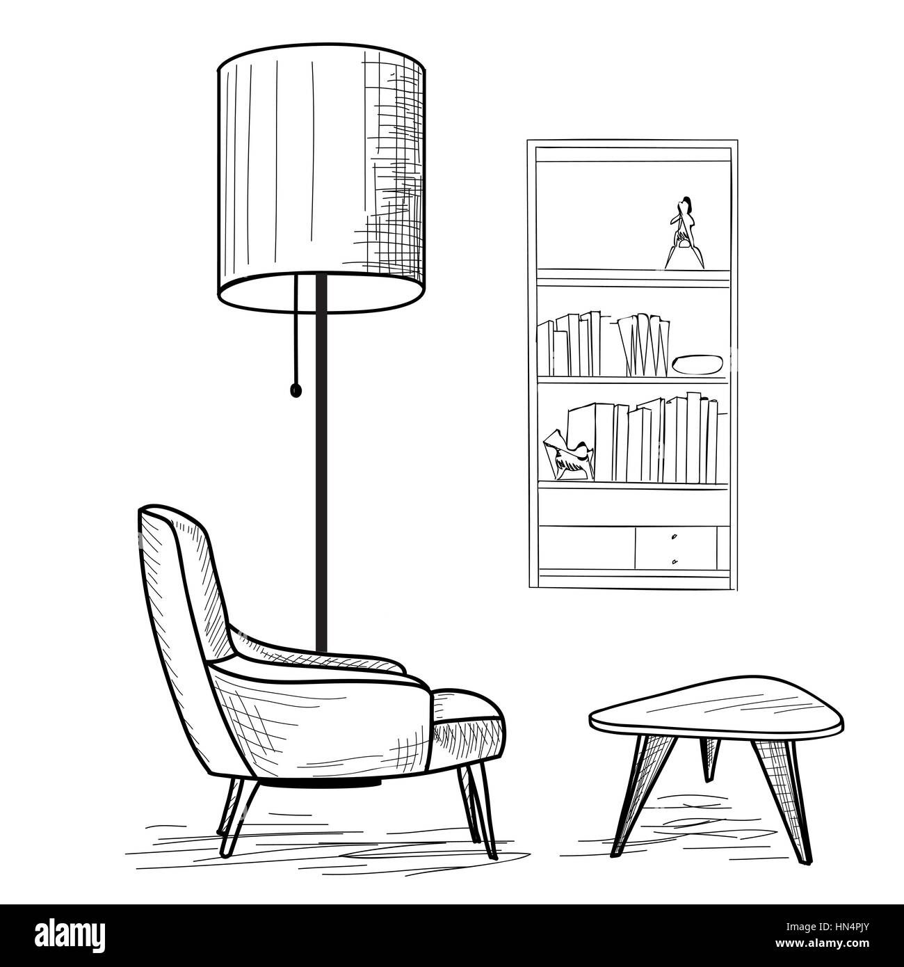 Die Gestaltung des Innenraums der Wohnraum mit Sessel, Tisch, Regal und Stehleuchte. Lounge Konzept Interieur.. flache klassische, moderne Möbel Design in 196 Stock Vektor