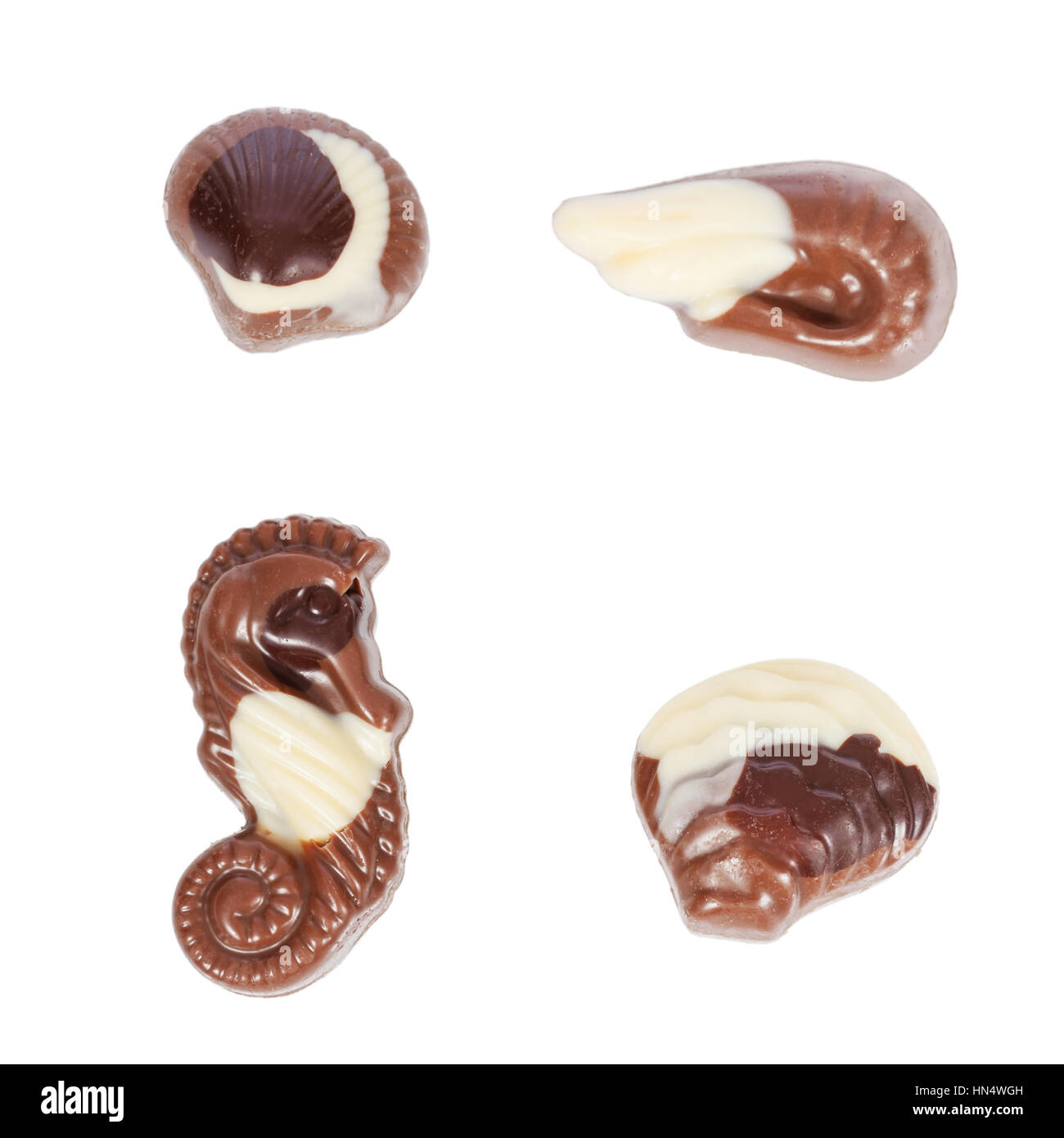Pack, Satz oder eine Sammlung von belgischen Bonbons geformt als Muscheln isoliert auf weißem Hintergrund Stockfoto