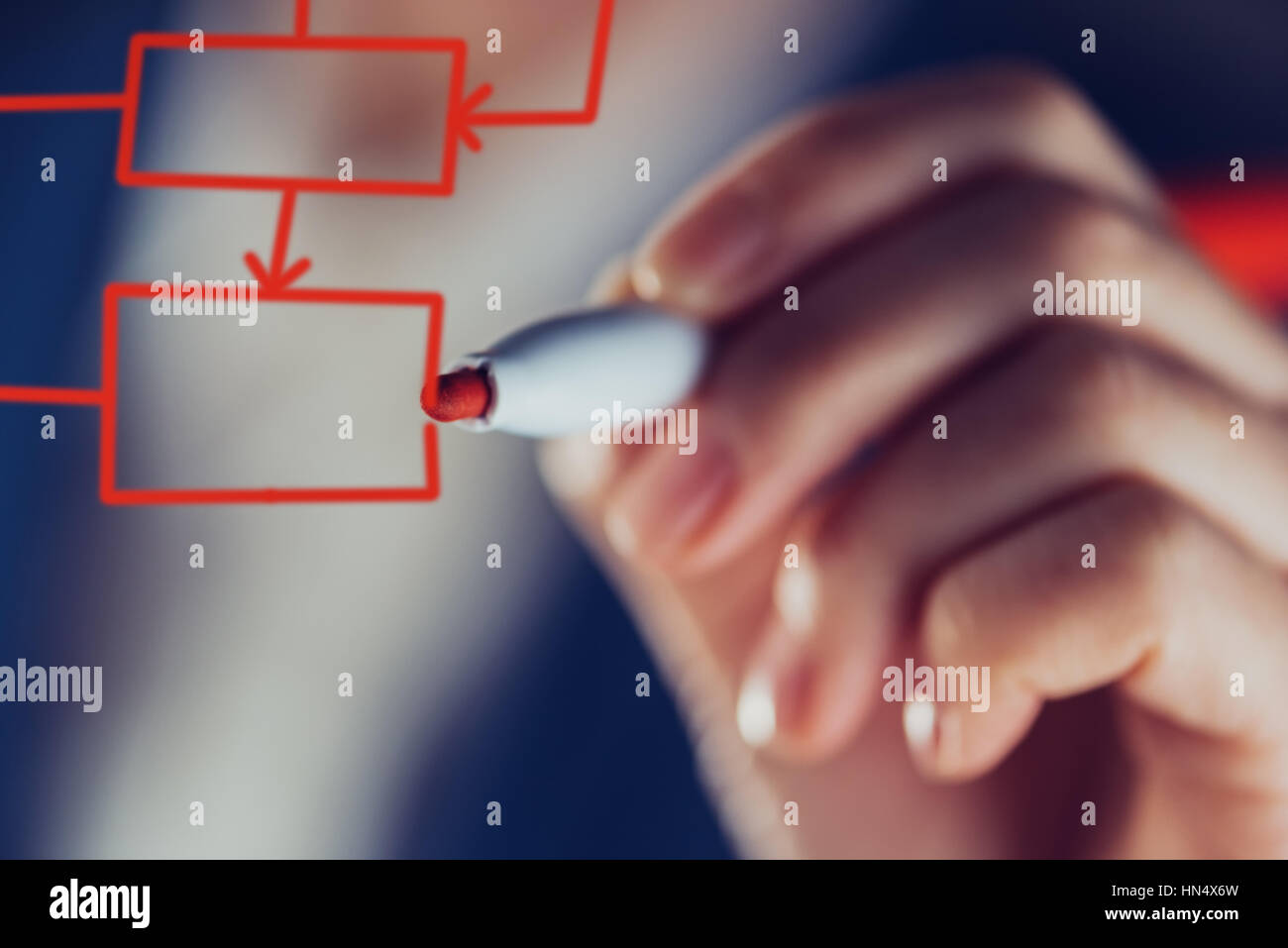 Geschäftsfrau Zeichnung Entscheidungsbaumalgorithmus für Business-Analyse, Nahaufnahme von Hand mit Filzstift Stift marker Stockfoto