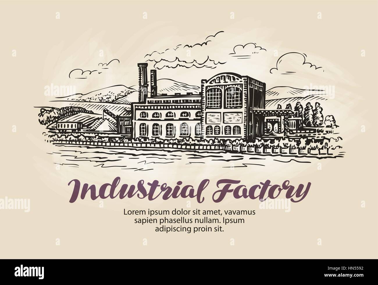 Industrie-Fabrik, Werk Skizze. Jahrgang bauen Vektor-illustration Stock Vektor