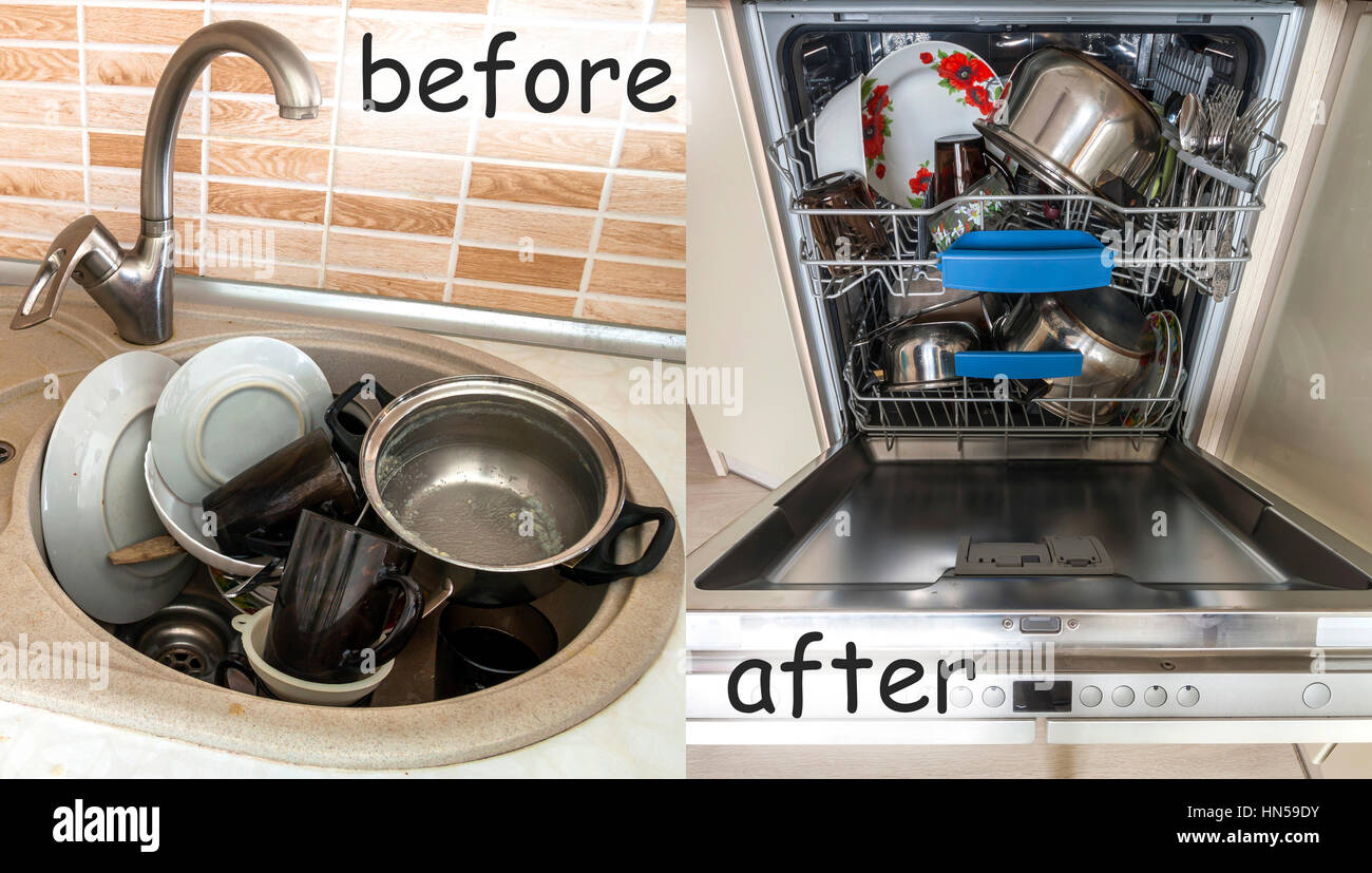Waschbecken Sie mit schmutzigen Geschirr, Kochutensilien und Geschirr. Offenen Geschirrspüler mit sauberes Geschirr. Verbesserung, easy, Komfort Leben und Fortschritt-Konzept. Stockfoto