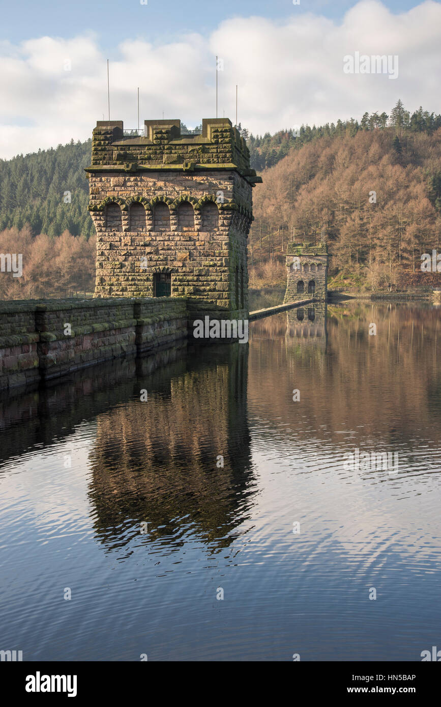 Stein-Türme am Derwent Damm, Fairholmes, Derbyshire, England Stockfoto