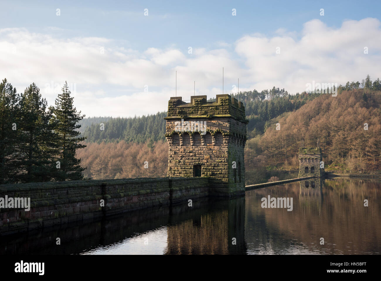 Stein-Türme am Derwent Damm, Fairholmes, Derbyshire Stockfoto
