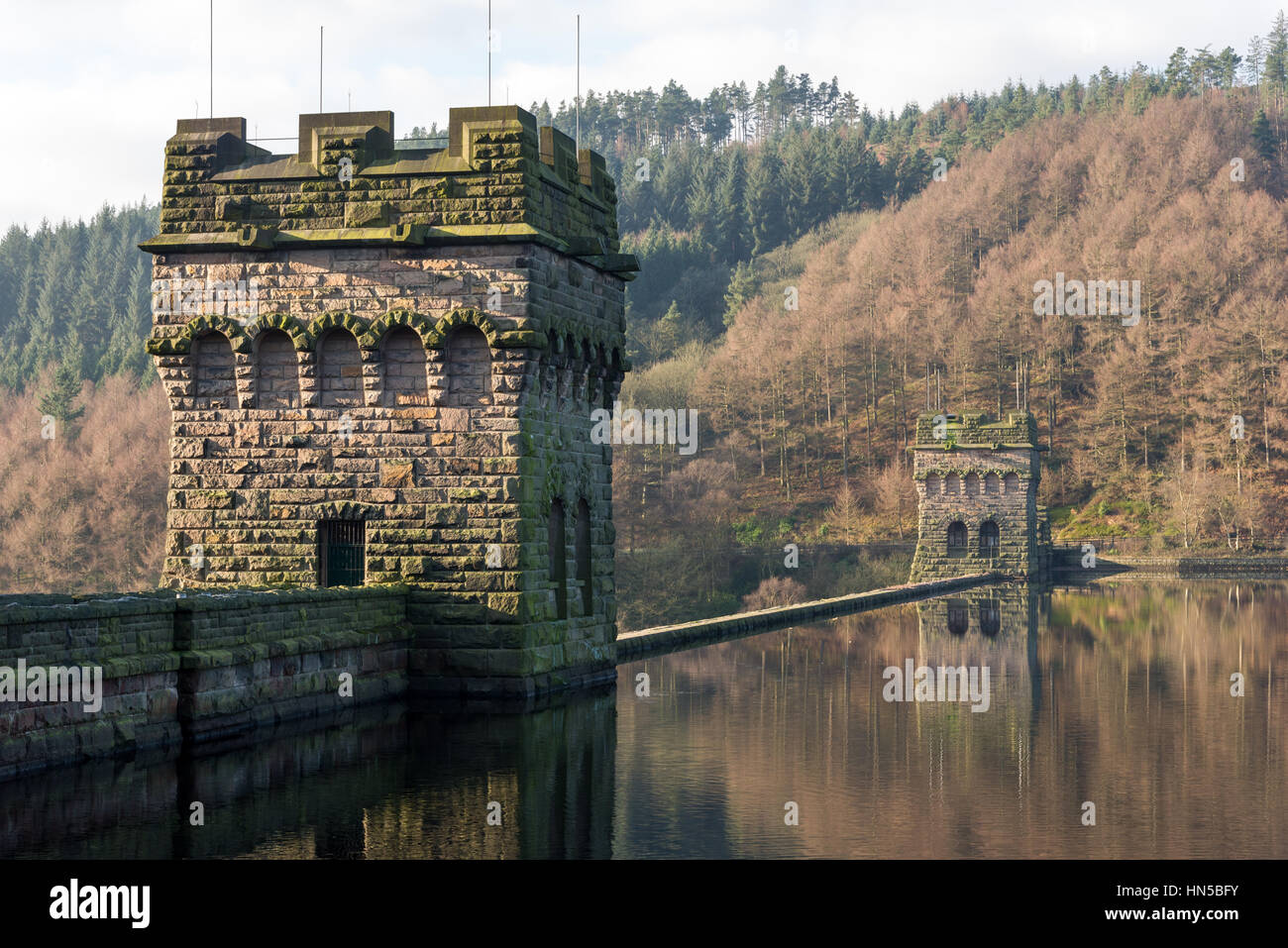 Stein-Türme am Derwent Damm, Fairholmes, Derbyshire Stockfoto