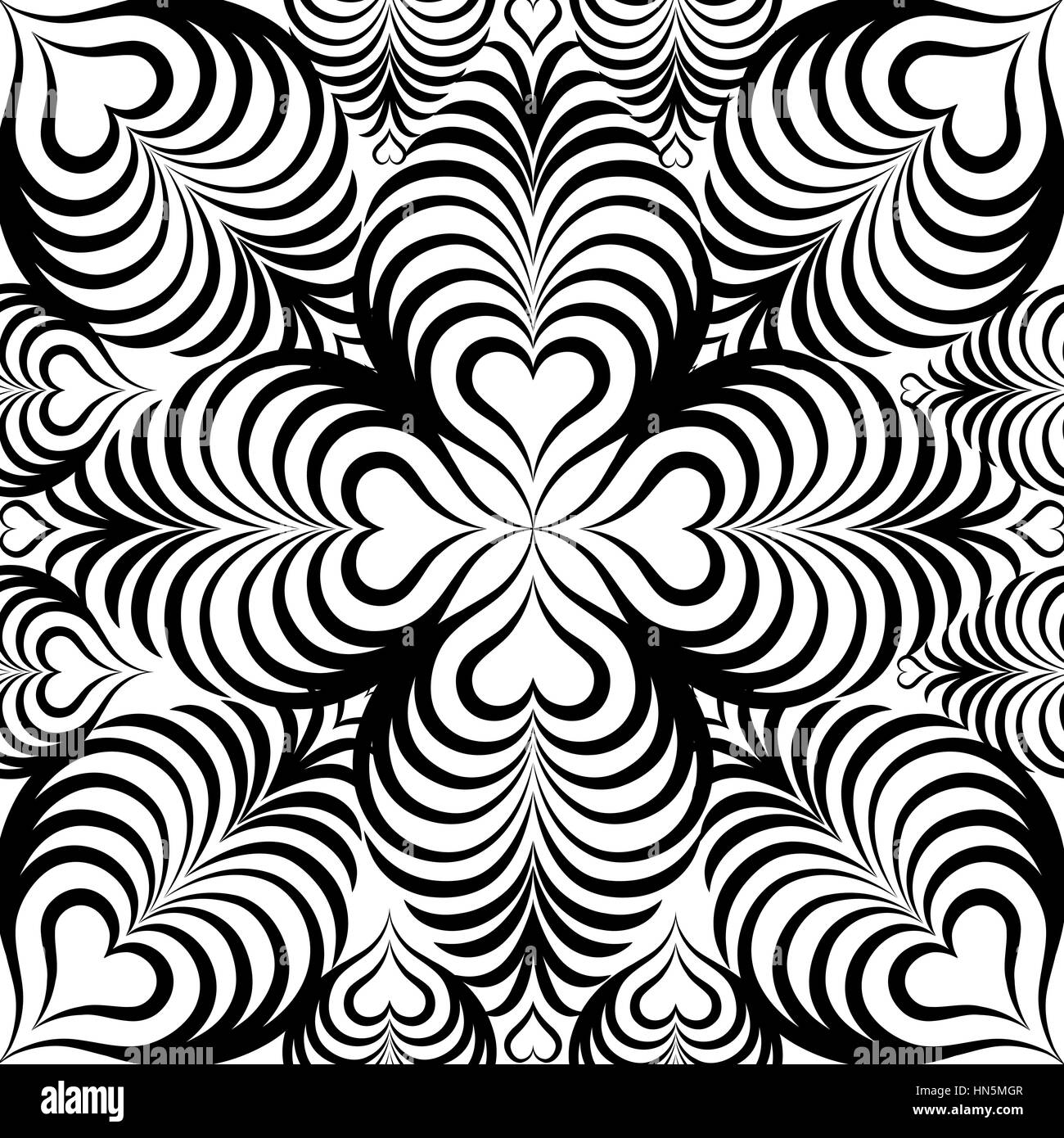 Abstrakt floral nahtlose Muster mit schwarzen und weißen Linien Herzform ornament Swirl geometrische doodle Textur. Zierpflanzen wave optische Wirkung backgro Stock Vektor