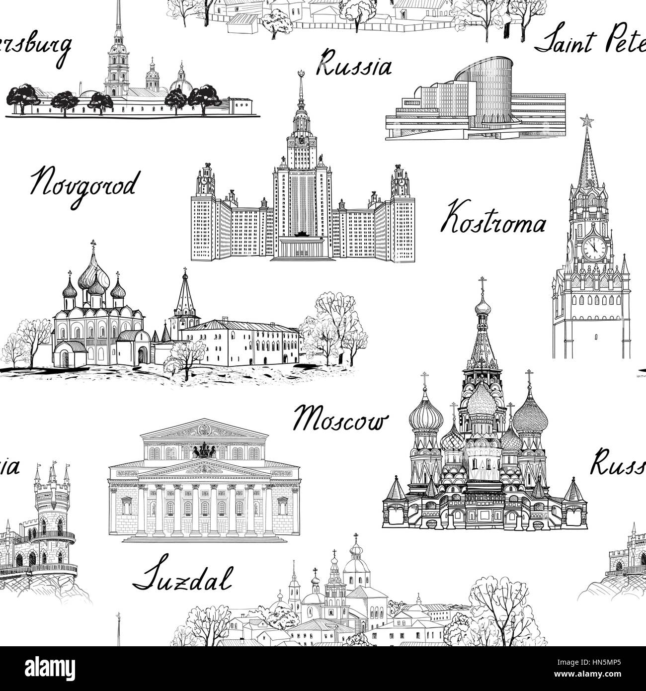 Reisen Russland nahtlose graviert architektonische Muster. berühmte russische Städte und Denkmäler. Wahrzeichen von Moskau, St. Petersburg, Susdal, kolomna und Stock Vektor