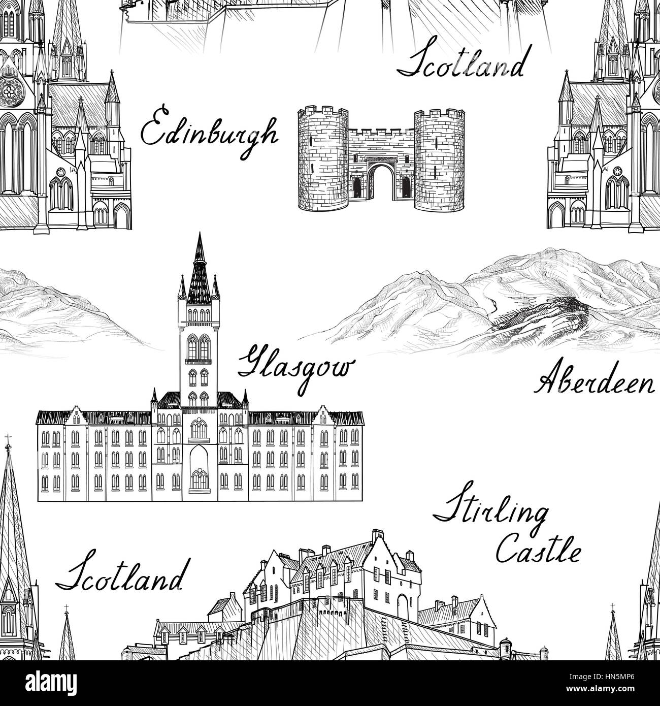 Reisen Schottland berühmte Städte Wahrzeichen mit handgefertigten Kalligraphie. Edinburgh, Glasgow, Aberdeen City nahtlose Muster für Ihr Design. architektonischen m Stock Vektor