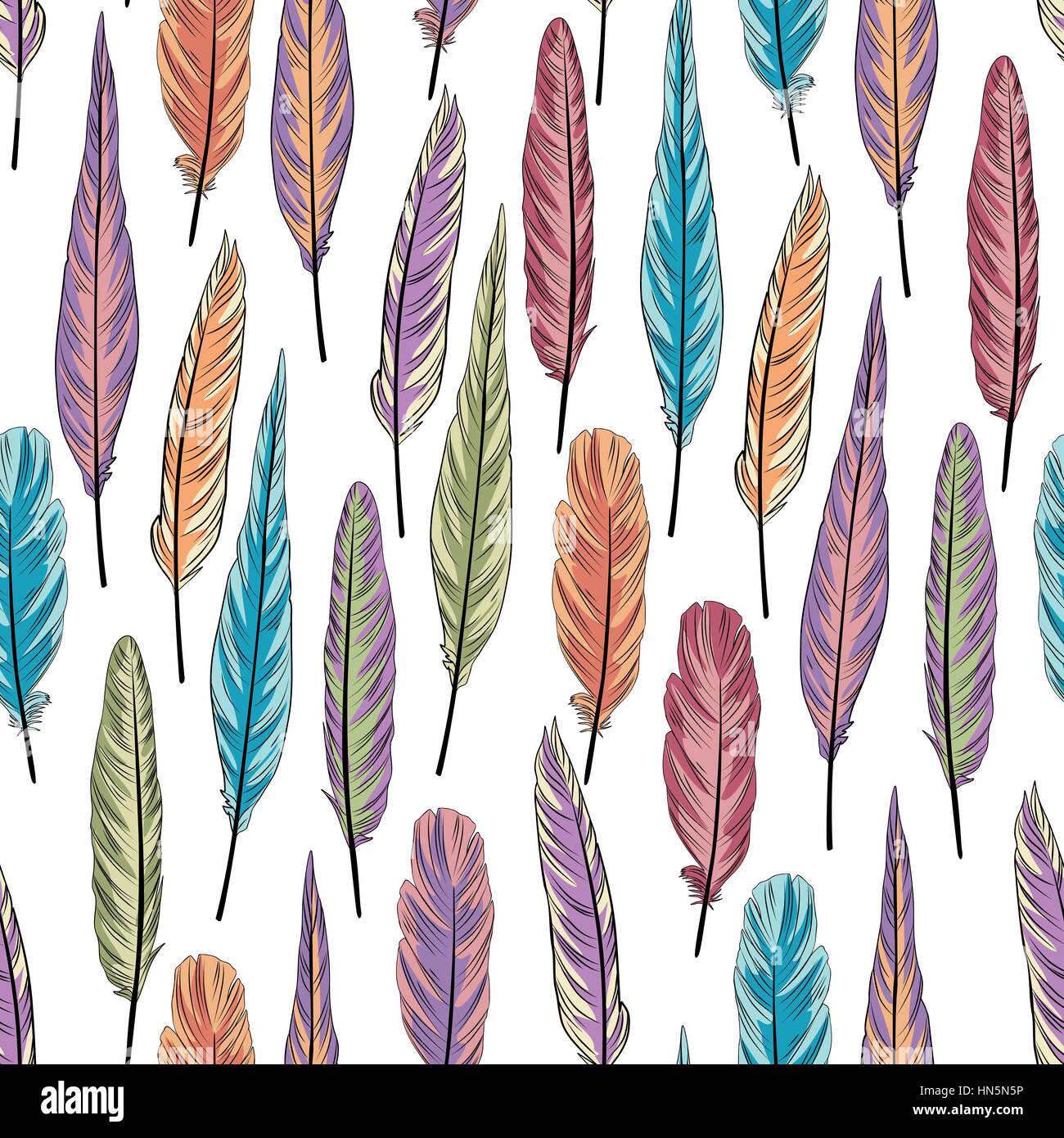 Feder nahtlose Muster. Farbenfrohe Vector Illustration von Federn auf weißem Hintergrund Stock Vektor