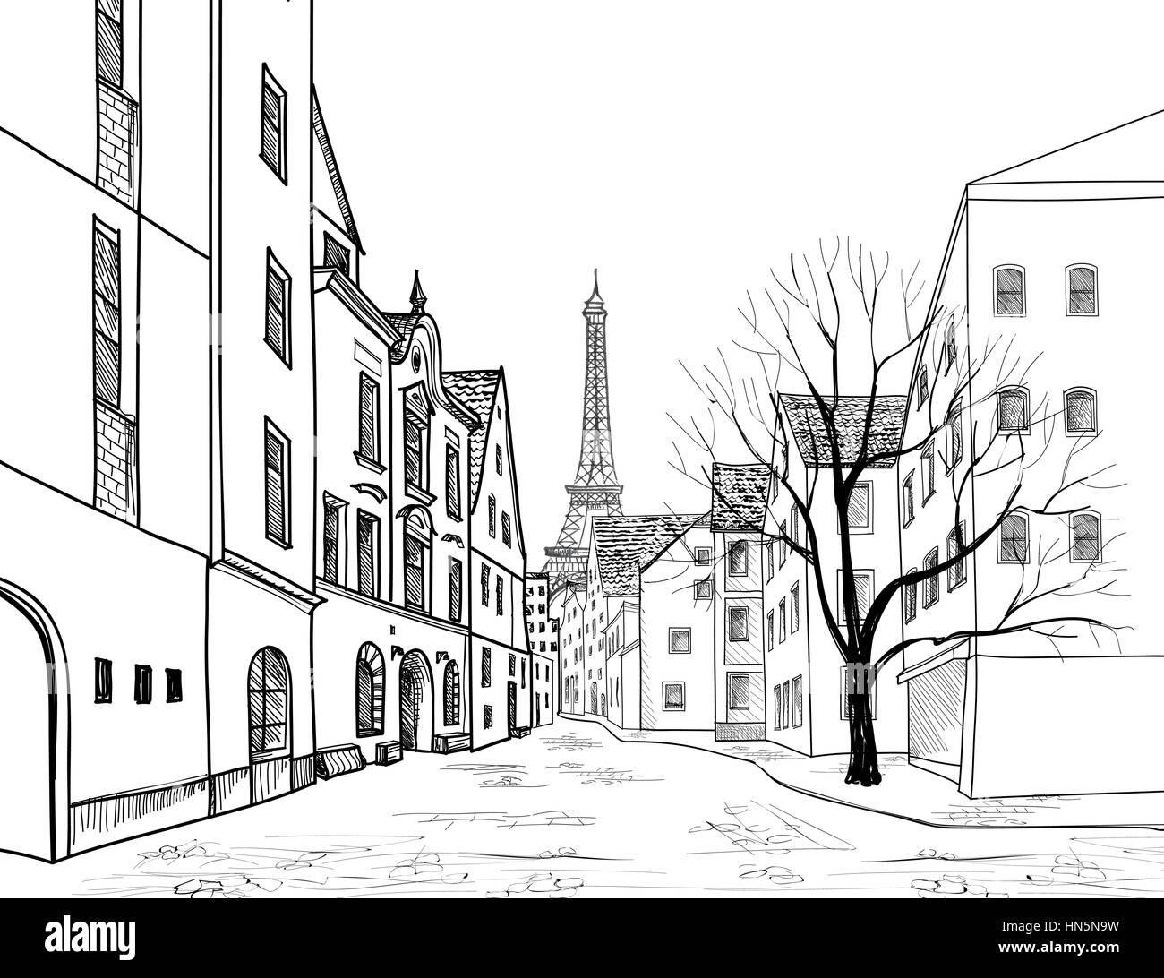 Paris Street. Stadtbild - Häuser, Gebäude und Baum auf Gasse mit eiffil Turm im Hintergrund. Blick auf die Altstadt. mittelalterlichen europäischen Stadt Landschaft. Pen Stock Vektor