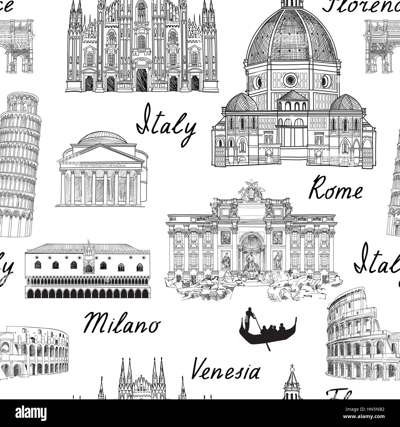Reisen Europa Hintergrund. Italien Wahrzeichen nahtlose Muster. italienische Stadt architectura Reisen Skizze. Stock Vektor