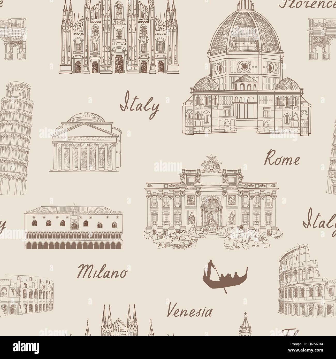 Reisen Fliesen- Hintergrund. Italien Wahrzeichen nahtlose Muster. italienische Stadt architectura Reisen Skizze. Stock Vektor