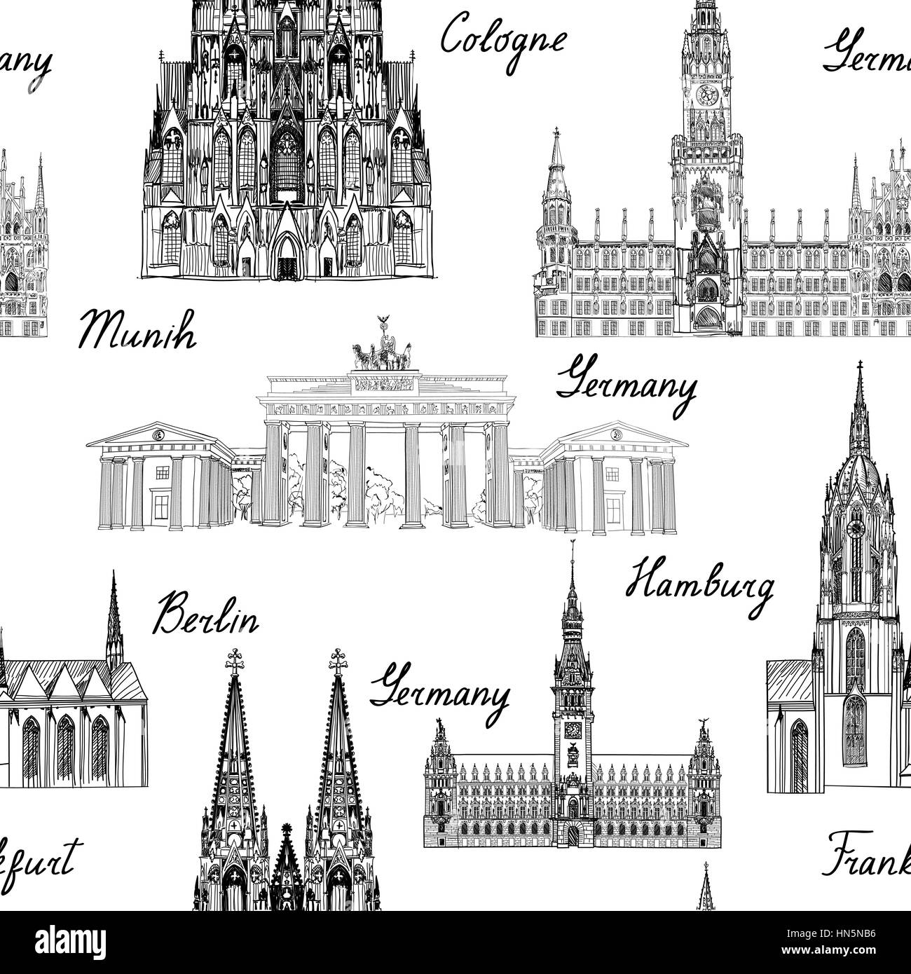 Reisen seamlss Muster. Besuchen Sie Deutschland Hintergrund mit Skizze Bierkrüge. berühmte deutsche Gebäude und Wahrzeichen. Vector Illustration Stock Vektor