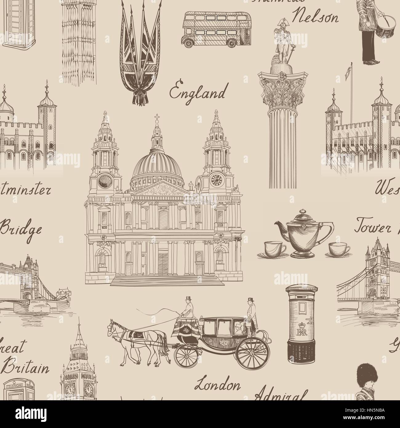 London landmark nahtlose Muster. doodle Travel Europe sketchy Schriftzug. berühmten architektonischen Denkmäler und Symbole. England vintage Symbole Vektor te Stock Vektor