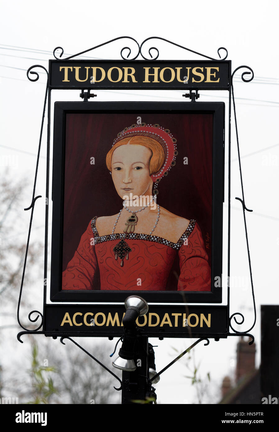 Tudor House Inn Zeichen, Warwick, Warwickshire, UK Stockfoto