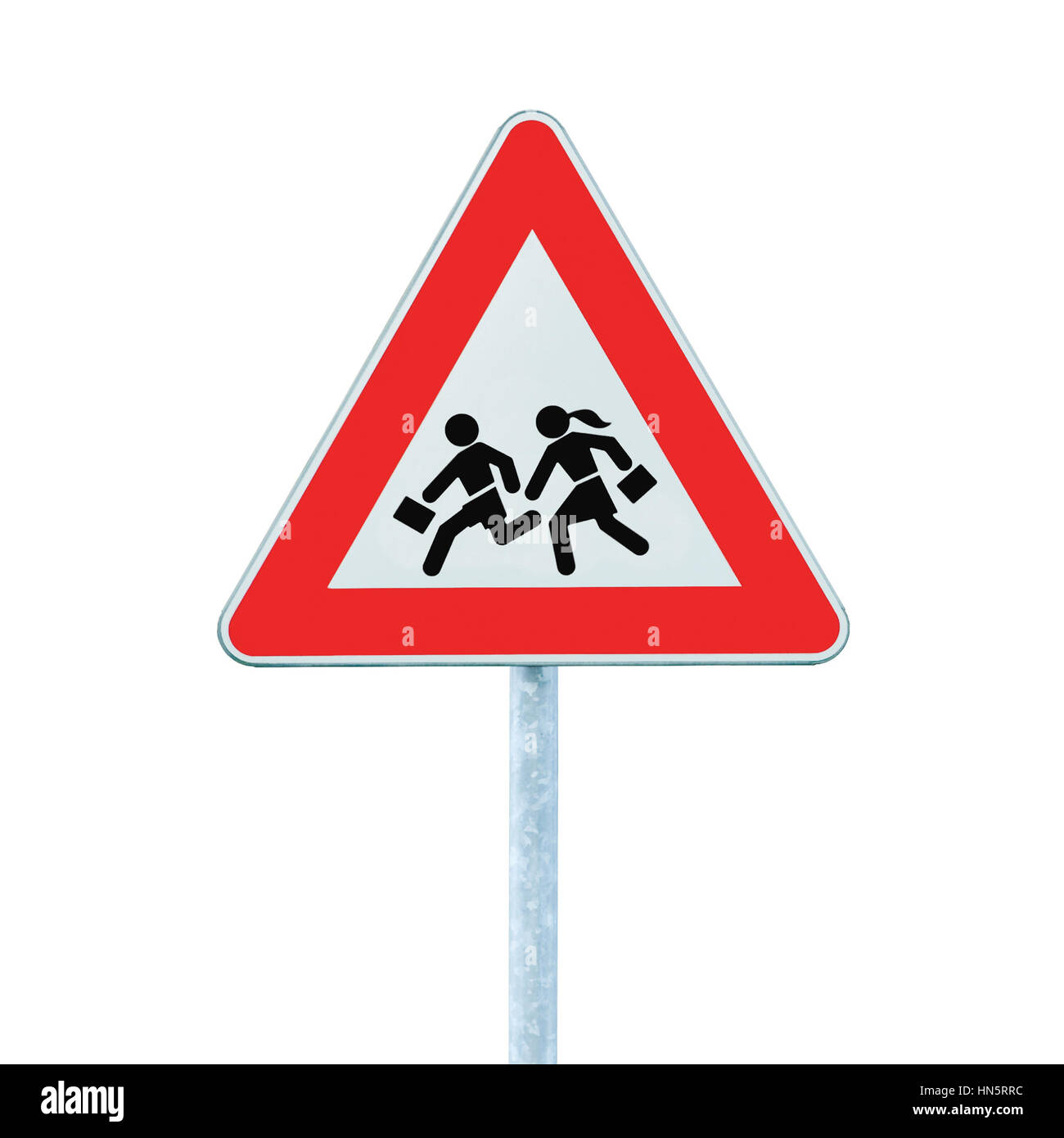 Europaschule Kreuzung am Straßenrand Warnung Straßenschild, isolierte vertikale Closeup Stockfoto