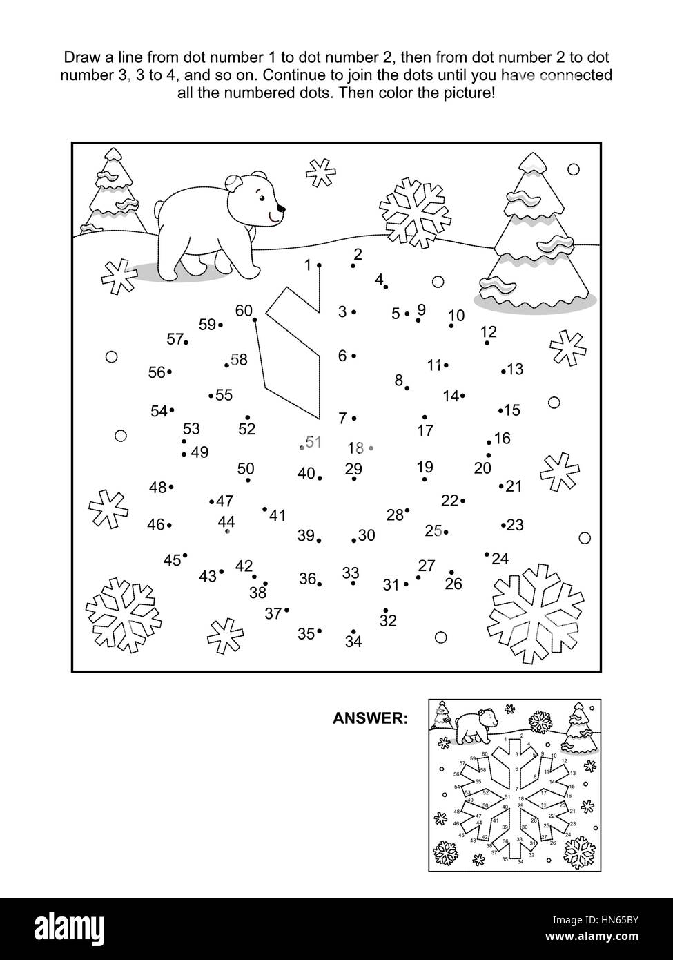 Winter, Silvester oder Weihnachten unter dem Motto verbinden die Punkte  Bilderrätsel und Malvorlagen - Schneeflocke. Antwort enthalten  Stock-Vektorgrafik - Alamy