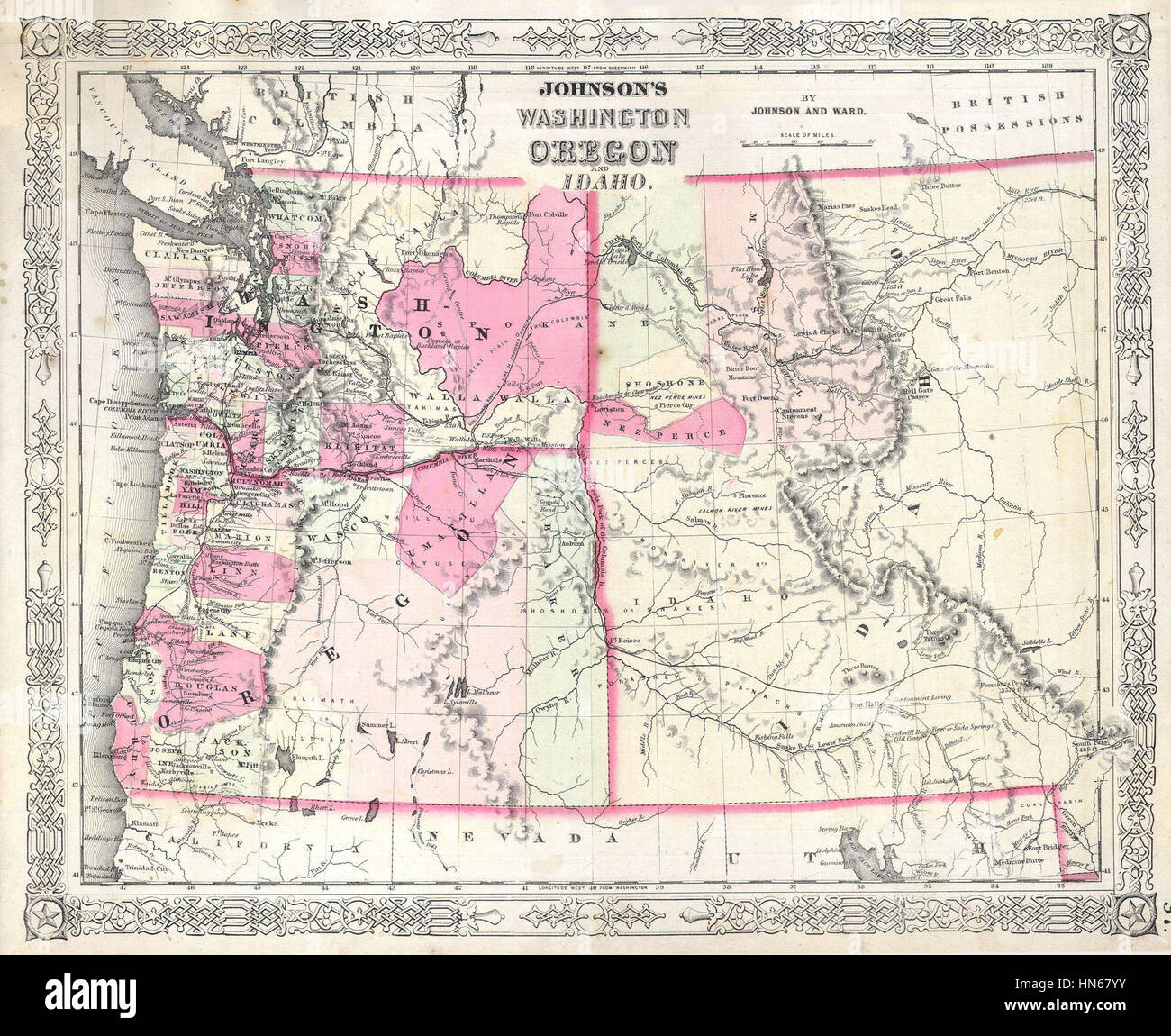 Die Johnson Map of Washington von 1864 aus der Geographicus-Sammlung beschreibt die Geographie der Region Washington, einschließlich Teilen von Oregon, Idaho, Wyoming und Montana. Es beleuchtet politische Grenzen, Gelände und wichtige Orte und bietet eine historische Perspektive auf die Entwicklung des pazifischen Nordwestens Mitte des 19. Jahrhunderts. Stockfoto