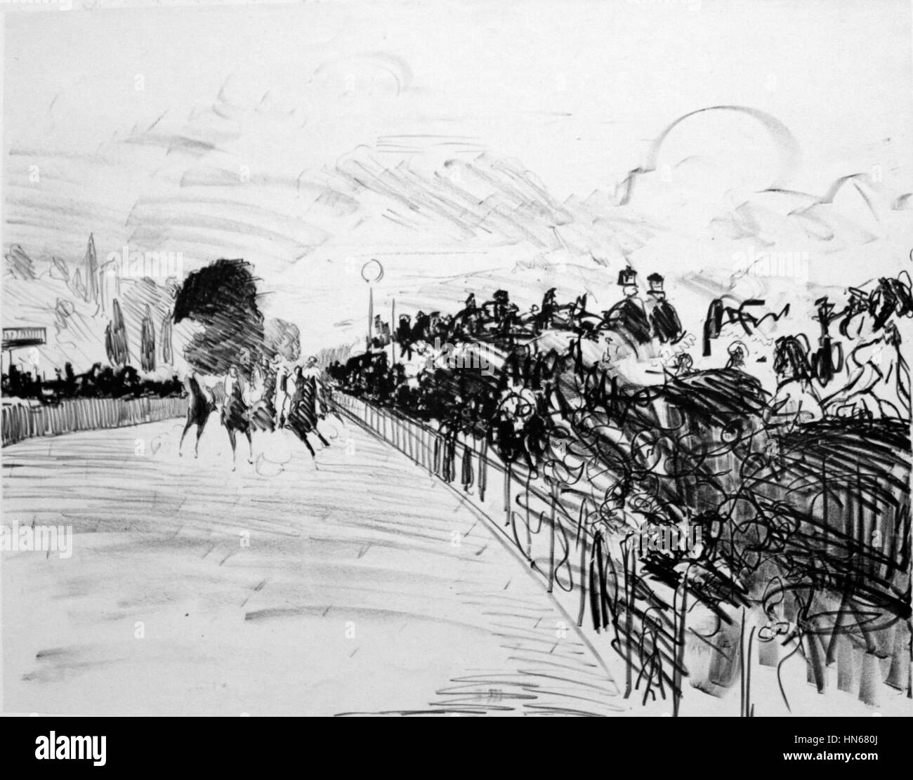 Edouard Manets „Pferderennen“ aus dem Jahr 1870 zeigt eine dynamische Szene eines Pferderennens mit kräftigen Pinselstrichen und modernen Techniken. Das Werk fängt die Energie und Bewegung des Sports im 19. Jahrhundert ein. Stockfoto