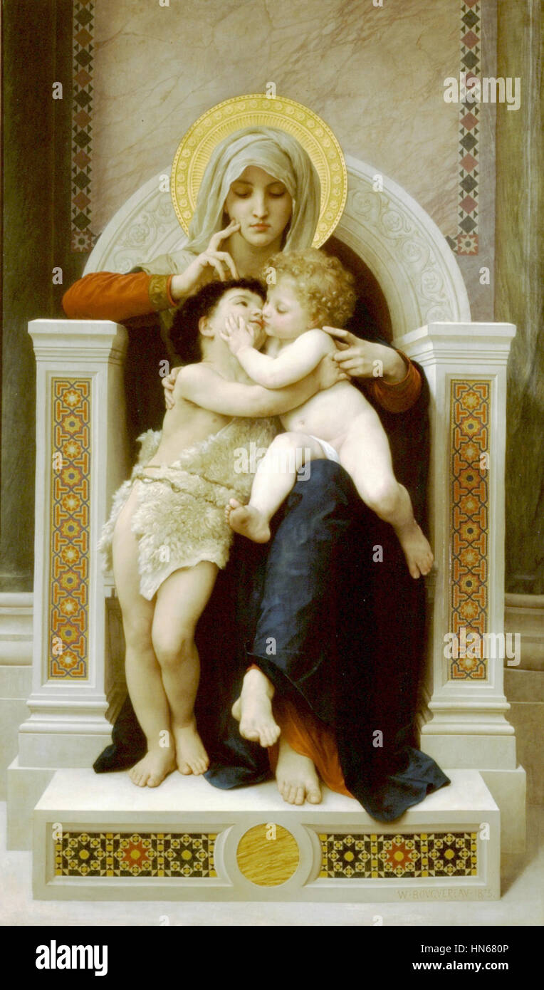 Dieses Gemälde von William-Adolphe Bouguereau aus dem Jahr 1875 zeigt die Jungfrau Maria, Jesus und Johannes den Täufer in einem ruhigen und hingebungsvollen Moment. Bouguereaus berühmter Realismus bringt eine tiefe emotionale Verbindung zu den religiösen Figuren und betont ihre Unschuld und Heiligkeit. Stockfoto