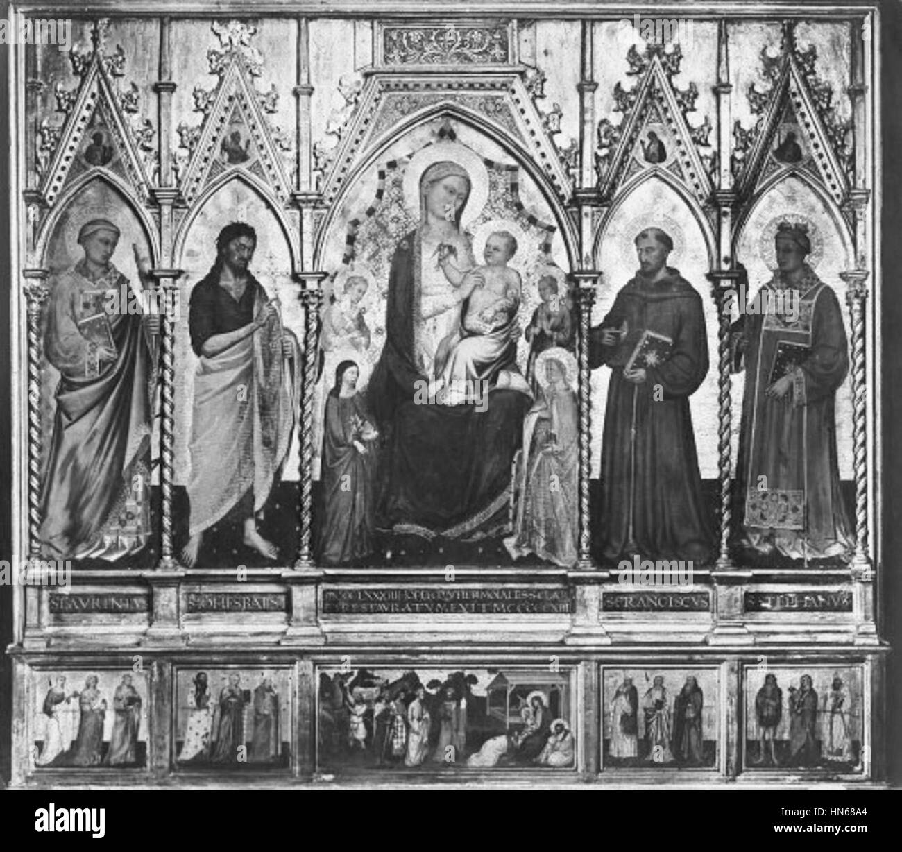 1383. Chiesa dei Santi Apostoli Firenze, 44 Gerini Niccolò di Pietro, Jacopo di Cione. Madonna con Bambino in Trono Tra Angeli e santi Stockfoto