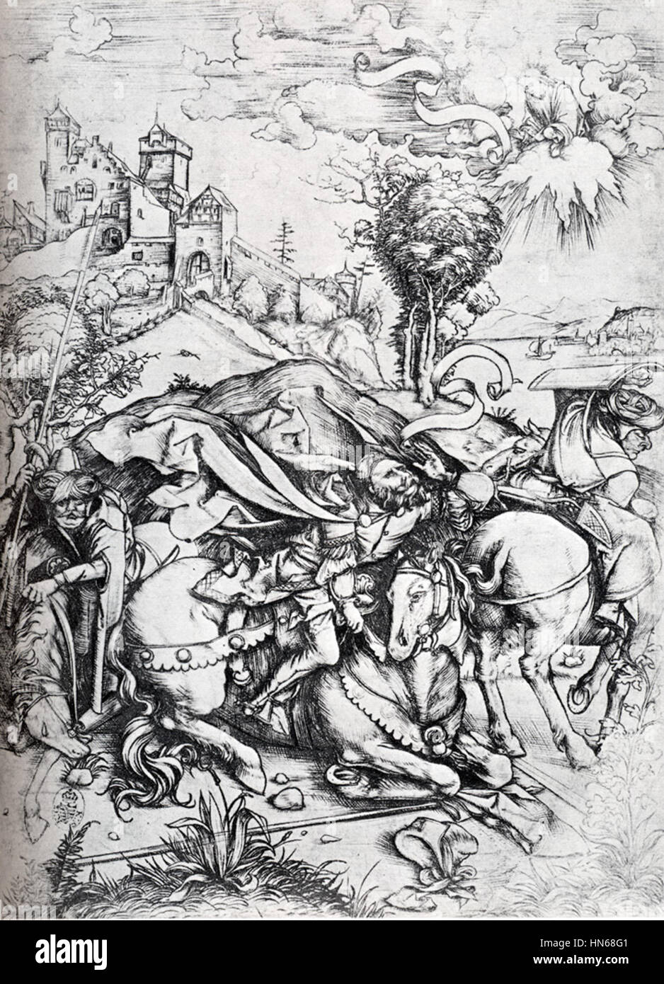 Die „Bekehrung des Paulus“ ist ein biblisches Gemälde, das den dramatischen Moment veranschaulicht, in dem Saul von Tarsus, später als Paulus bekannt, vom göttlichen Licht getroffen und zum Christentum konvertiert wurde. Das Werk fängt die Intensität und spirituelle Transformation ein. Stockfoto