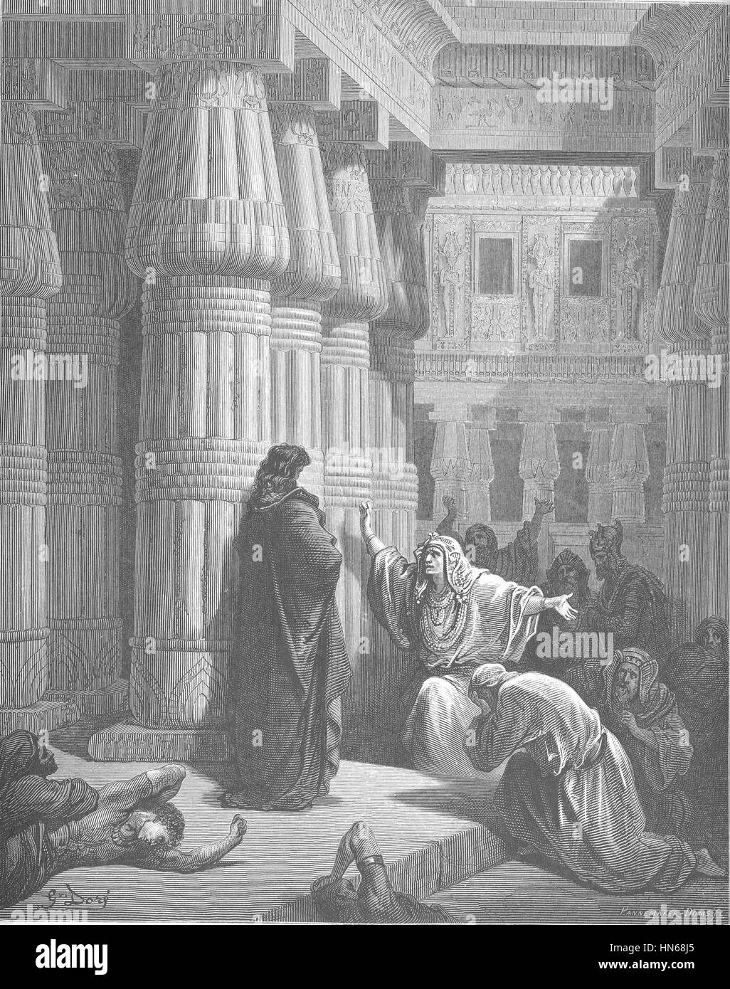 Dieses Kunstwerk stellt die biblische Szene dar, in der die Ägypter, nachdem sie die Plagen erlebt haben, Moses und die Israeliten bitten, Ägypten zu verlassen. Der Moment ist geprägt von Dringlichkeit und dem Gewicht göttlicher Intervention, die die Spannung und das Drama der Exodus-Geschichte verdeutlicht. Stockfoto