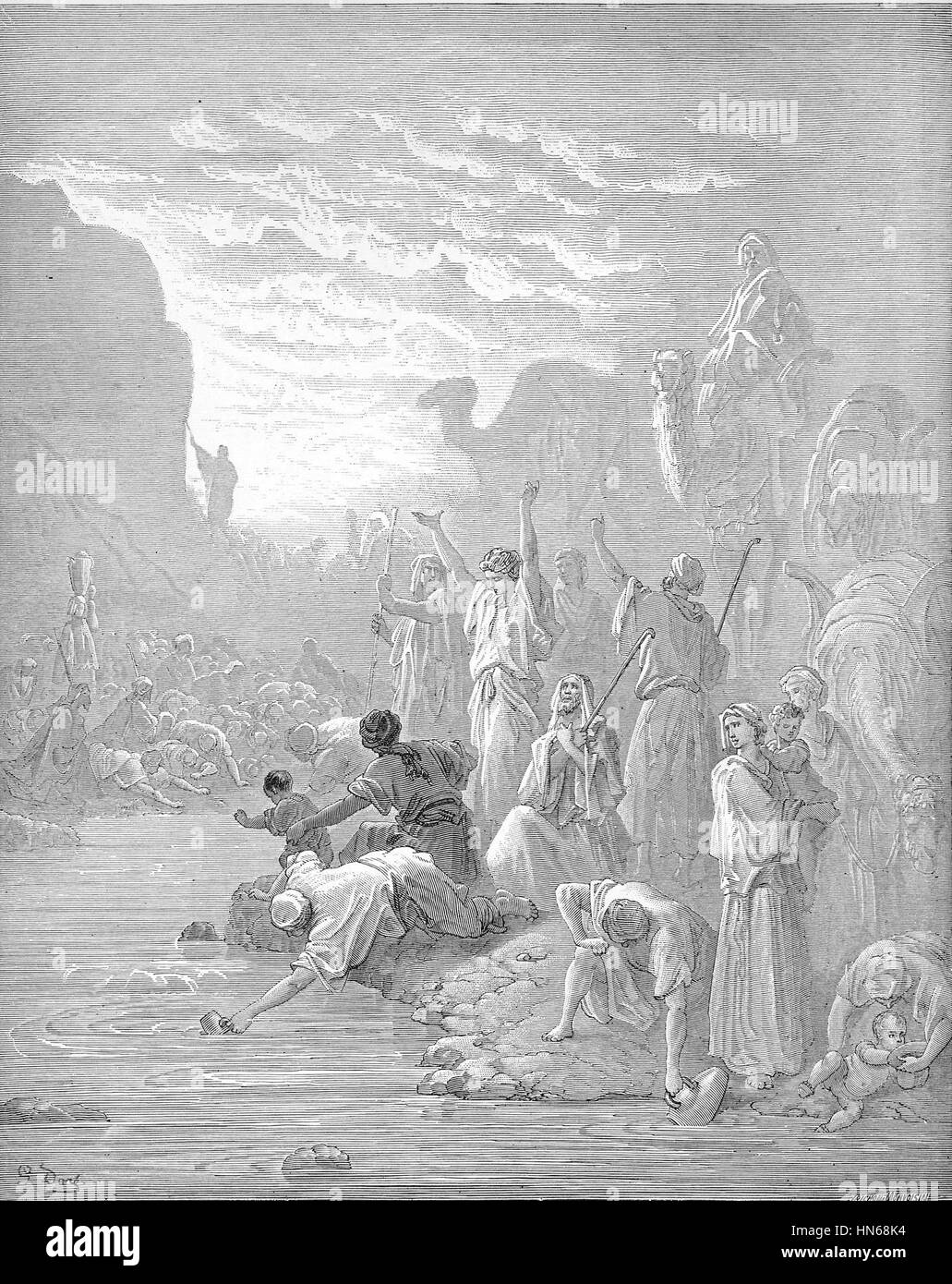Die Darstellung von Moses, der auf den Felsen von Horeb schlägt, zeigt eine biblische Szene, in der Mose auf Gottes Befehl Wasser für die Israeliten bringt. Dieses Kunstwerk fängt den dramatischen Moment mit lebendiger Energie ein. Stockfoto