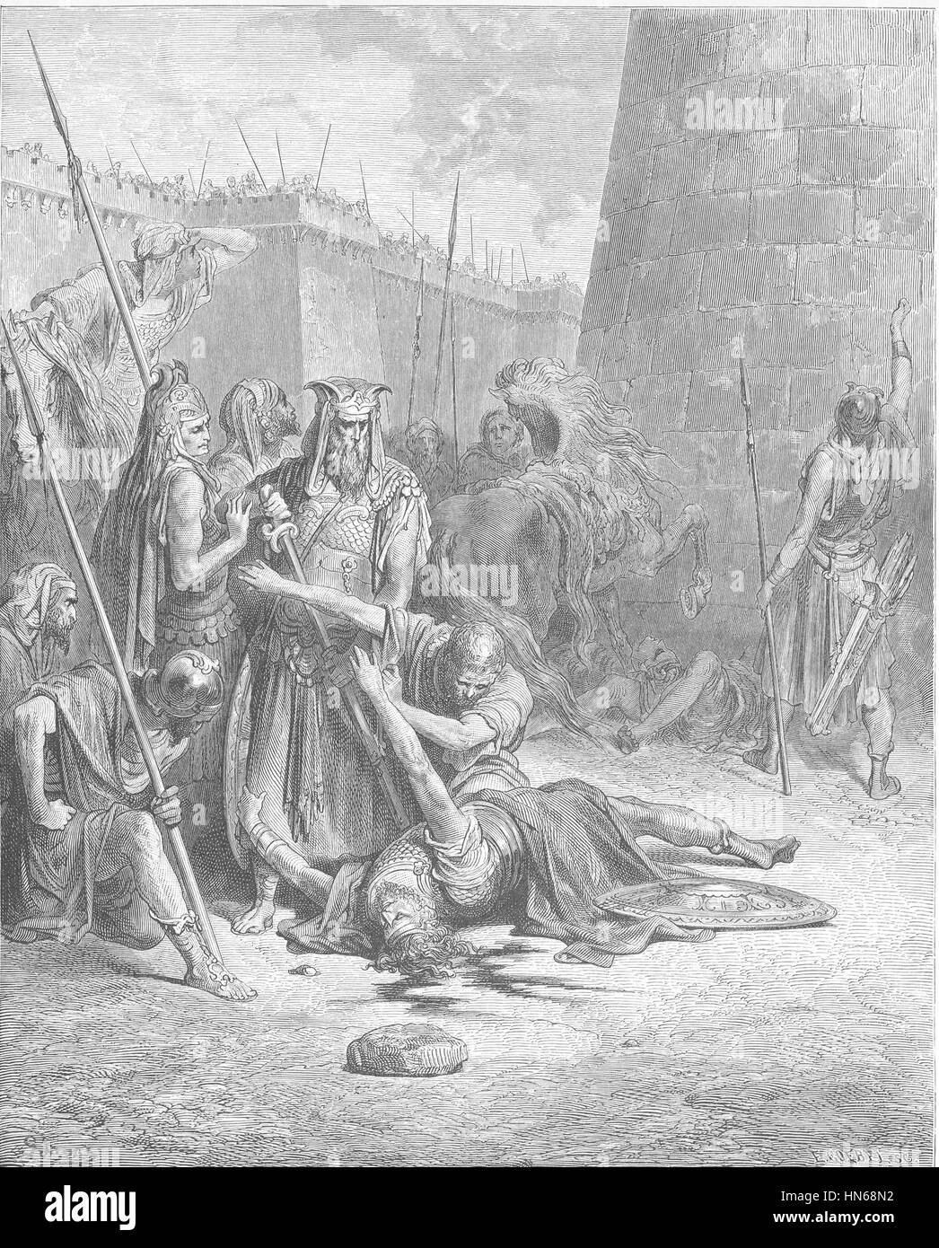 „Der Tod Abimelechs“ zeigt eine dramatische Szene aus der Bibel, in der Abimelech, im Kampf verwundet, von einer Frau getötet wird, die einen Mühlstein auf den Kopf wirft. Das Kunstwerk fängt die Intensität der biblischen Erzählung mit starken Kontrasten und detaillierten Ausdrücken ein. Stockfoto