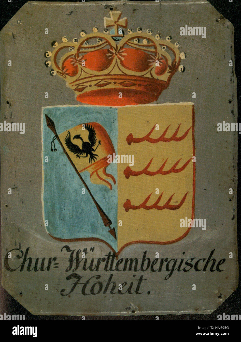 Das Stück „117Chur-Württembergische Hoheit“ repräsentiert die königliche Linie der Region Württemberg, möglicherweise mit einer Adelsfamilie oder königlichen Figur aus dieser Zeit. Er zeigt die historische Pracht und das Prestige des württembergischen Adels. Stockfoto