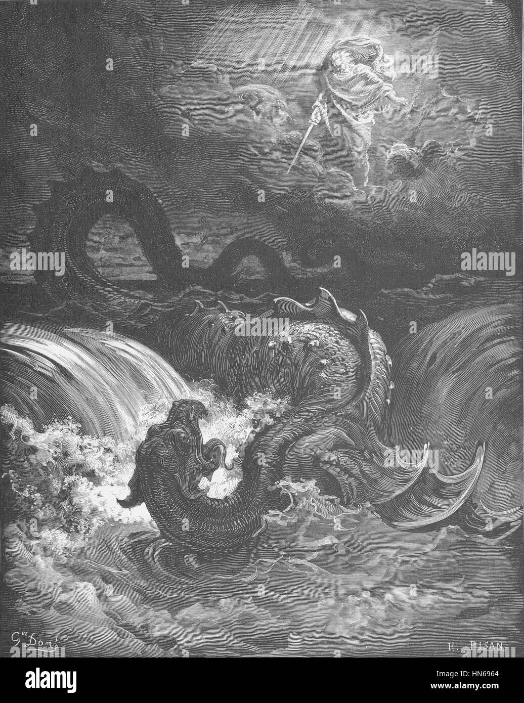 „Die Zerstörung Leviathan“ ist eine dramatische Darstellung des Untergangs der biblischen Kreatur. Das Kunstwerk fängt den Moment von Leviathans Zerstörung mit dynamischen Figuren und intensiver Handlung ein und vermittelt eine kraftvolle Erzählung göttlicher Intervention und Zerstörung. Stockfoto