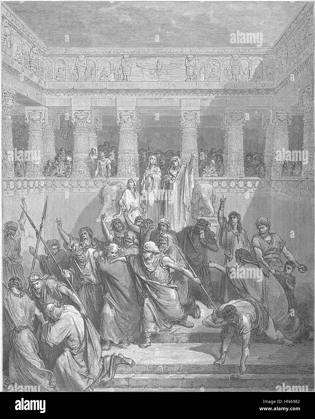 „Die Rechtfertigung von Susanna“ beschreibt die biblische Geschichte von Susannas Unschuld, die bewiesen wurde, nachdem sie fälschlicherweise des Ehebruchs bezichtigt wurde. Das Gemälde fängt den dramatischen Moment ihrer Verteidigung ein und veranschaulicht die Themen Tugend, Gerechtigkeit und göttliche Intervention. Stockfoto