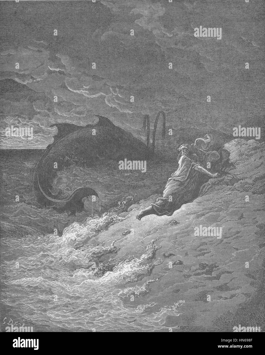 Diese biblische Szene „Jonah wird vom Wal ausgespuckt“ zeigt den dramatischen Moment, in dem Jonah aus dem Mund des Wals vertrieben wird. Das Kunstwerk fängt die Intensität und religiöse Bedeutung des Augenblicks ein. Stockfoto