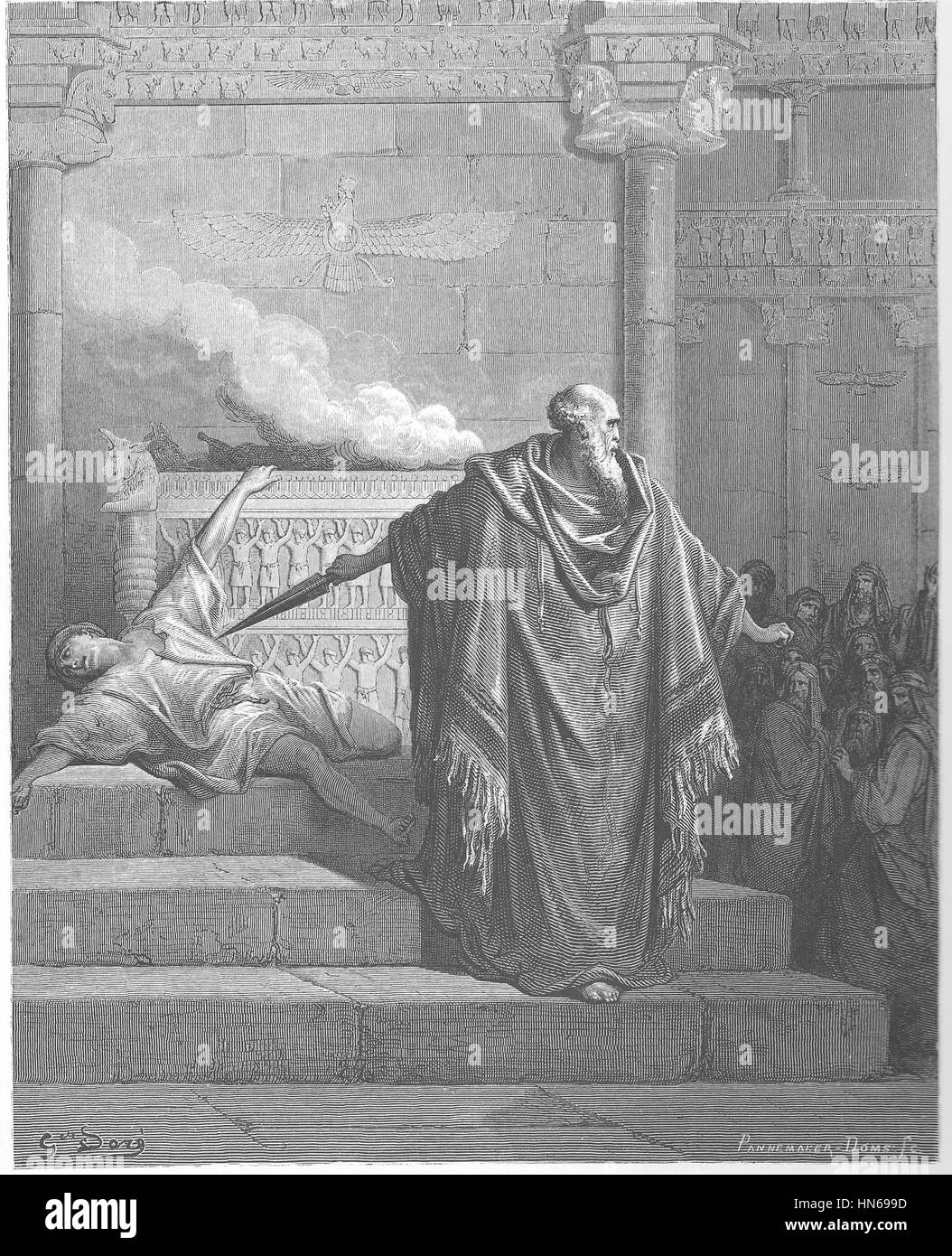 Dieses Kunstwerk zeigt die biblische Geschichte von Mattathias und dem Abtrünnigen. Mattathias, ein jüdischer Priester, wird in einer dramatischen Szene des Widerstands gegen den Abtrünnigen gezeigt, der Glauben, Opfer und Missetat symbolisiert. Das Bild spiegelt die moralischen und religiösen Themen von Mut und Treue angesichts der Widrigkeiten wider. Stockfoto