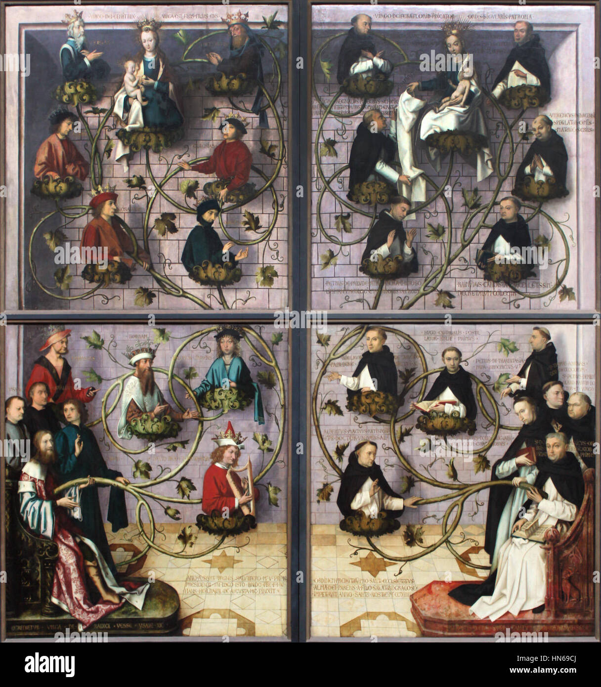 Dieses von Hans Holbein dem Jüngeren im Jahr 1501 geschaffene Kunstwerk stellt den Frankfurter Dominikaneraltar dar, ein bedeutendes religiöses Altarbild. Holbeins detaillierte Ausführung auf dem Altar zeigt seine frühen Arbeiten zu religiösen Themen und betont sowohl hingebungsvolle Bilder als auch kompliziertes Design. Stockfoto
