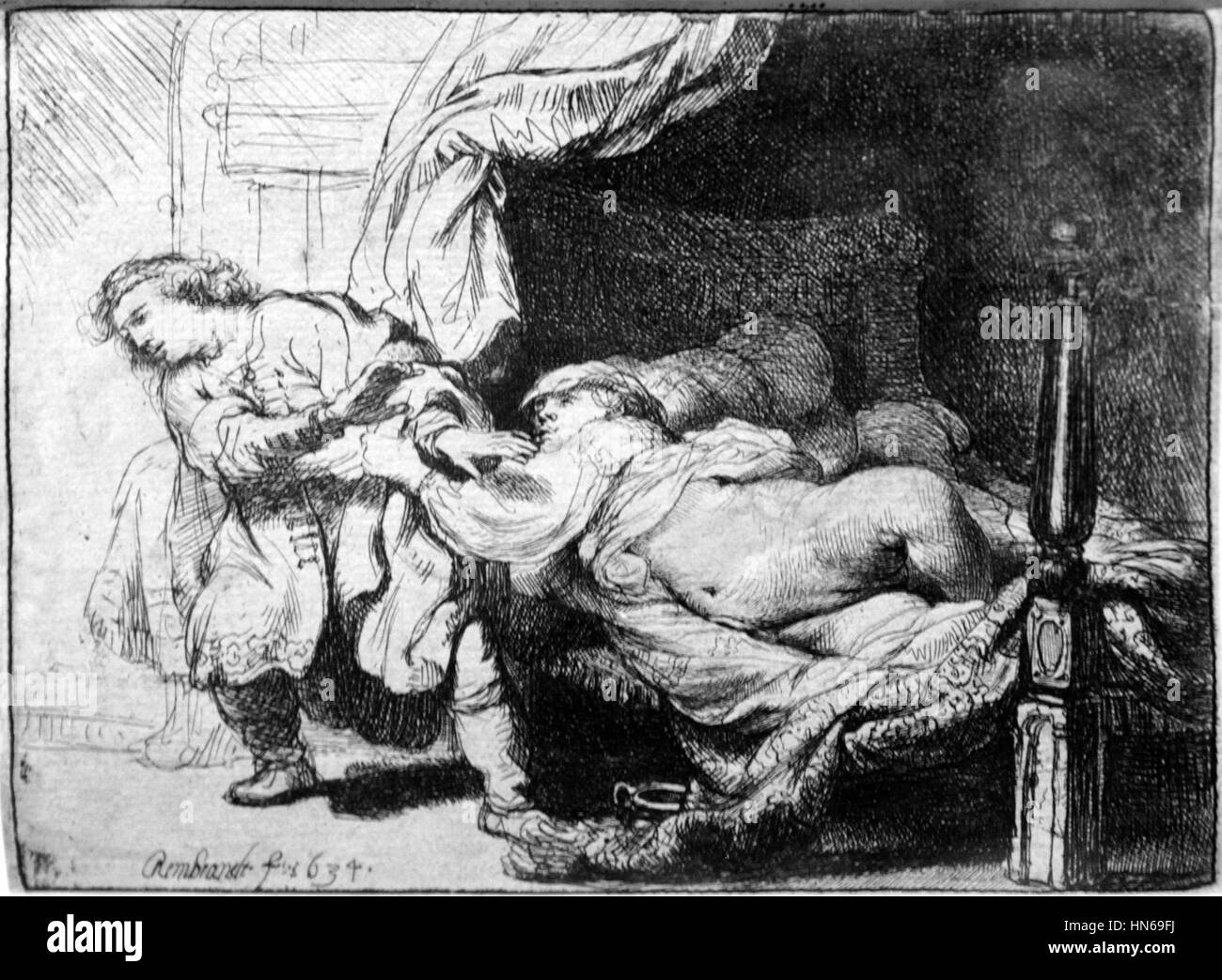 Rembrandts „Joseph und Potiphars Ehefrau“ aus dem Jahr 1634 ist eine dramatische Darstellung der biblischen Geschichte von Josephs Versuchung durch Potiphars Ehefrau. Das Gemälde zeigt Rembrandts Beherrschung von Licht und Schatten und schafft eine angespannte Atmosphäre, die die emotionale Komplexität der Erzählung unterstreicht. Die Verwendung von Hell-Dunkel erhöht die psychologische Tiefe der Figuren und macht sie zu einem typischen Beispiel für Rembrandts Barockstil. Stockfoto